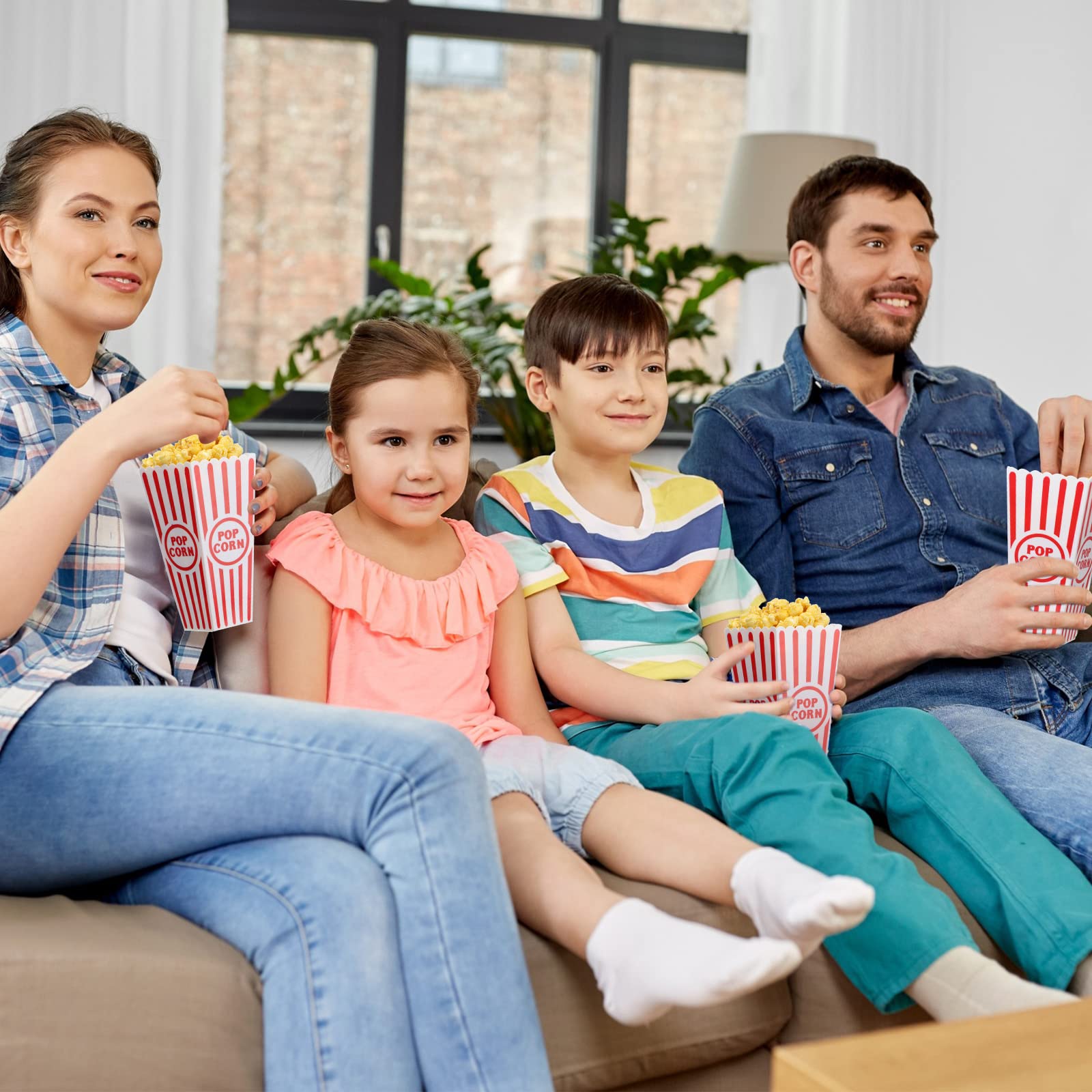 Cajas de plástico reutilizables para palomitas de maíz con parte superior abierta, cubos de palomitas de maíz a rayas rojas y blancas a granel para noche de películas, estilo retro clásico, 7.7 x 3.9