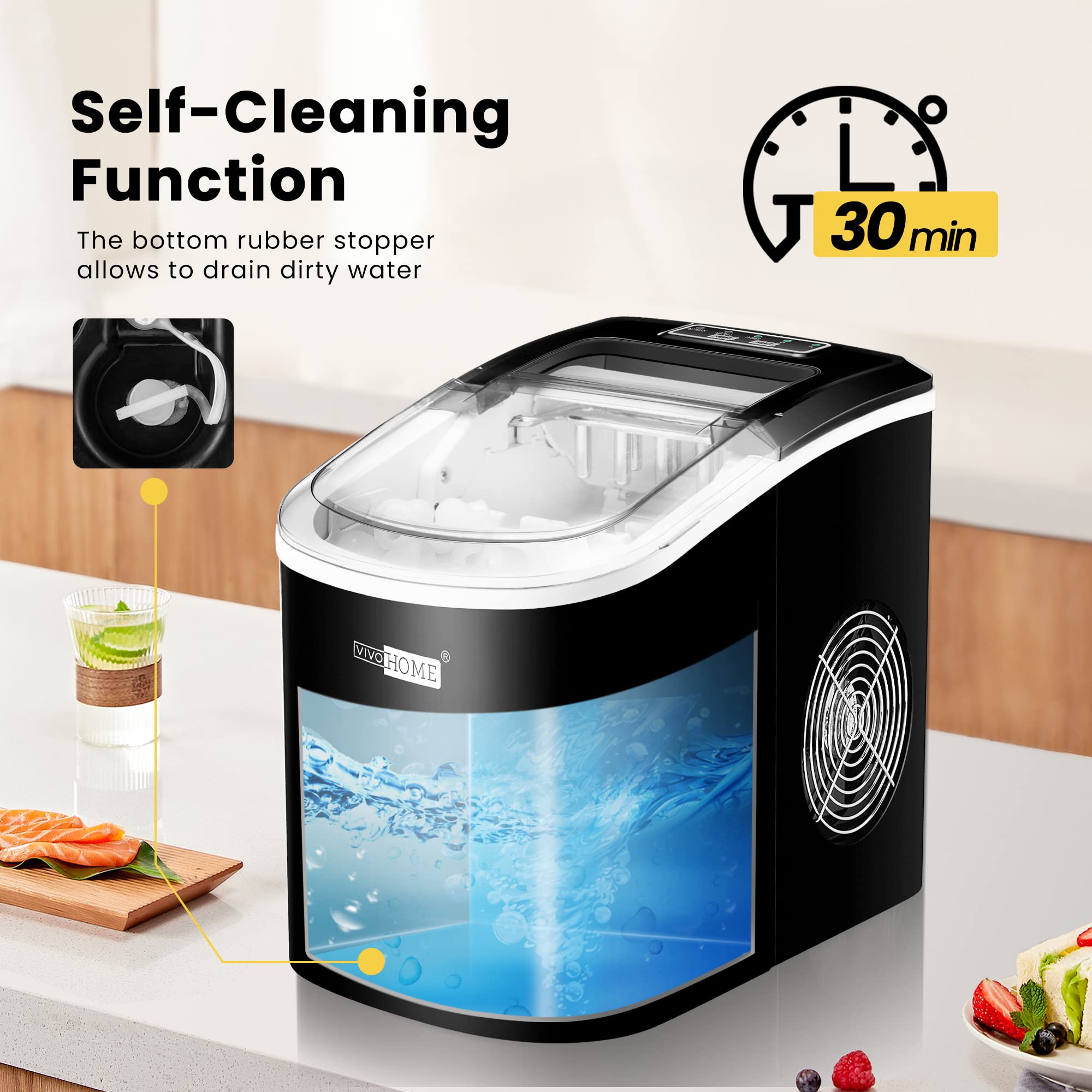 VIVOHOME Electric Portable Compact Countertop Automatic Ice Cube Maker Machine with Hand Scoop 10 Ice Bags and Self Cleaning Function 27lbs/Day Black on Fridge.com