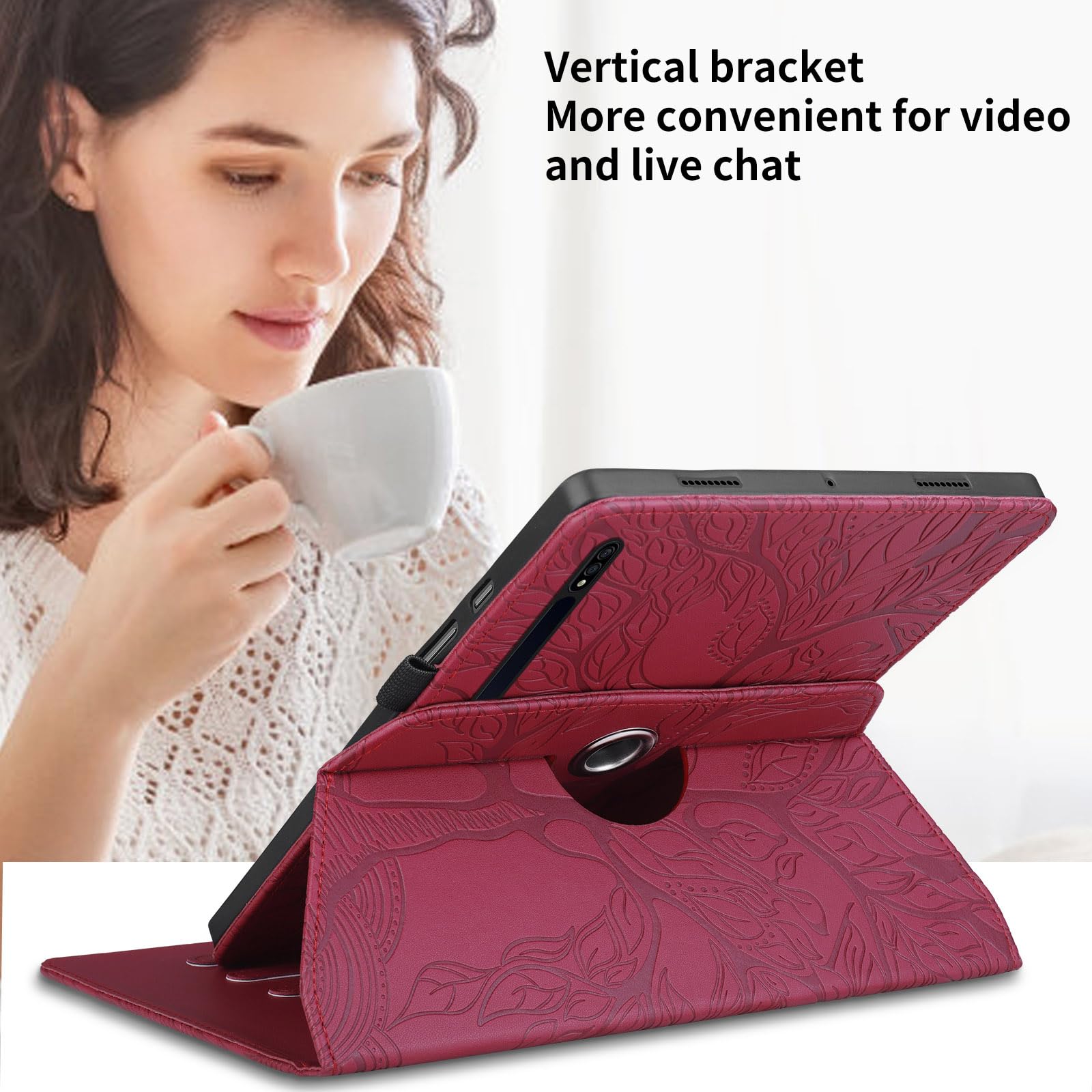 Funda para Samsung Galaxy Tab S9/ S8/ S7 11" (SM-X710/X700/T870) PU Cuero Tablets Protectora Cover 360°Carcasa Giratoria de ángulo Múltiple Stand Función Tablets Funda,Rojo Árboles — view 5