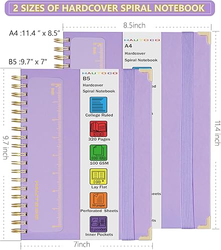Miniatura 10 de HAUTOCO Cuaderno de espiral con rayas universitarias B5 encuadernado en espiral, 320 páginas, cuadernos de tapa dura con pestañas, papel de 3.53