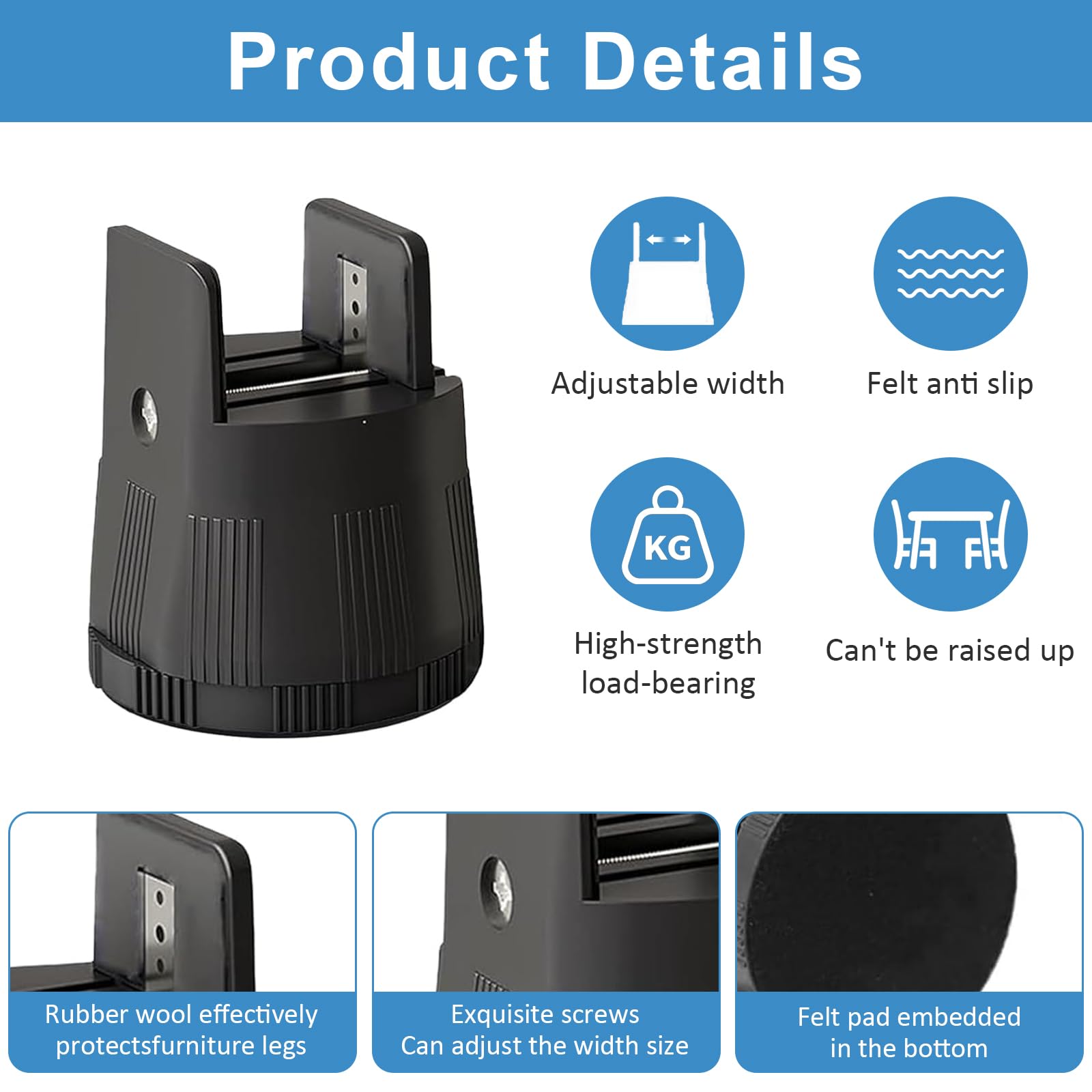 4 Piezas Elevador para Muebles 6-8 cm - Elevador Ajustable para Cama con Abrazadera de Tornillo para Patas de 10-50mm - Elevadores Robustos para Cama, Sofá, Mesa y Silla - Incluye Destornillador