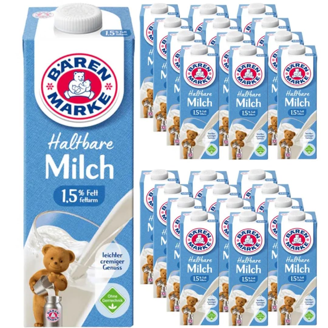Milch Bärenmarke fettarme H-Milch 1,5% Fett HALTBARE MILCH, je 1 Liter, 24 Stück + pufai