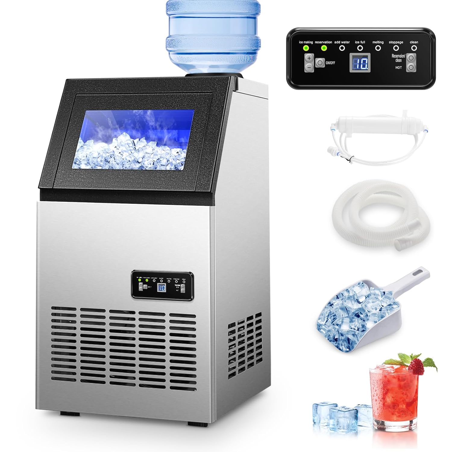 Commercial Ice Maker, 120 lbs/24H Ice Machine, 2 Water Inlet Modes, Under Counter Ice Maker with 33 lbs Storage, Auto Self-Cleaning, Freestanding Ice Machine for Home Office Bar 120lbs/24H 1