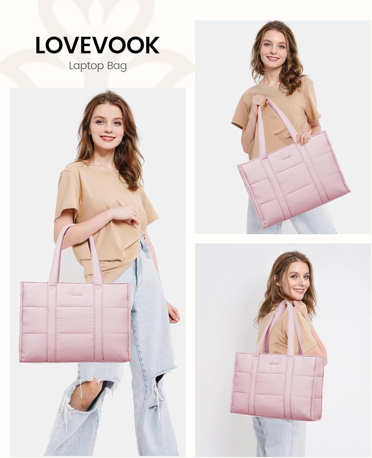 LOVEVOOK Laptop Bag for Women, Puffer Tote Bag for Work 15.6 Inch Large Computer Briefcase for Teacher Nurse, Quilted Lightweight Casual Shoulder Bag For Travel, Daily - Image 2