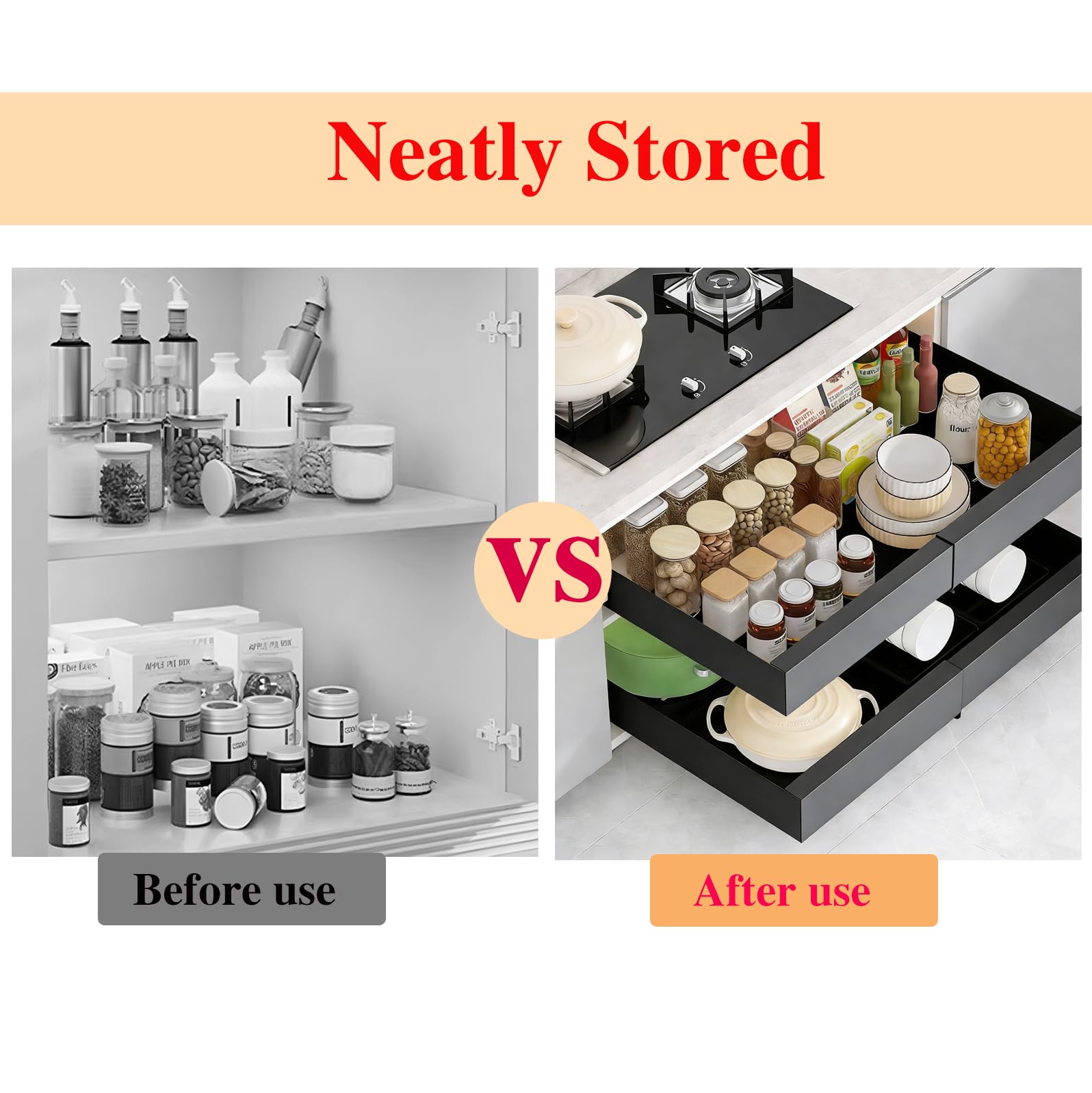 Cassetto Estraibile Cucina, Cassetti Estraibili con Adesivo, Ripiano Estraibile per Dispensa, Larghezza Regolabile, Nessuna Foratura, per Mobili da Cucina e Armadi