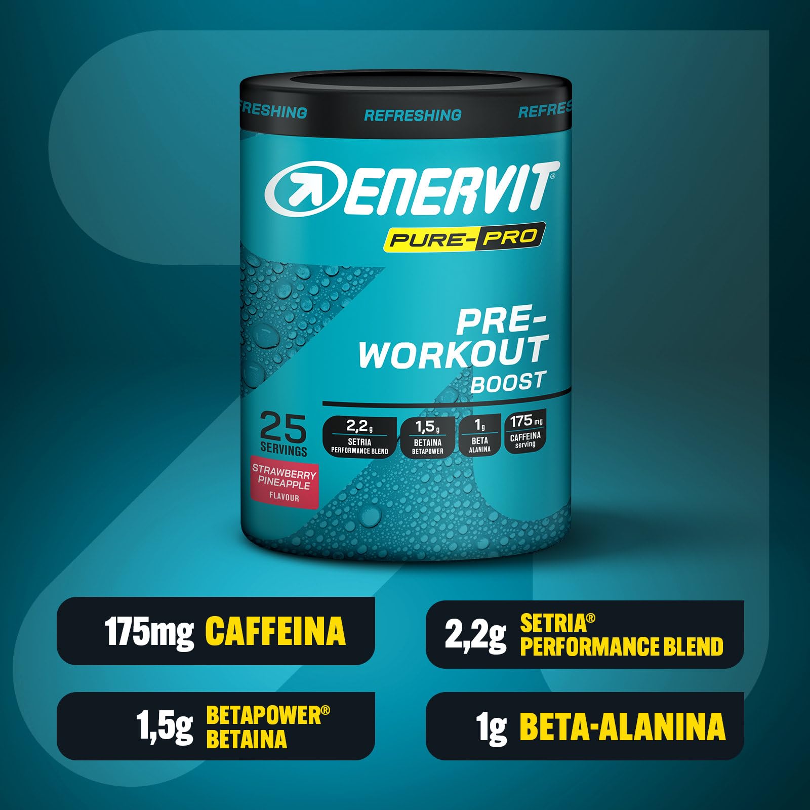 Enervit Pure-Pro Pre Workout Integratore in Polvere Gusto Fragola-Ananas, con Caffeina, Betaina, Beta-Alanina, Creatina, Potassio e Vitamina B6, Prepara il Fisico per Workout Intensi, Vegan, 313g