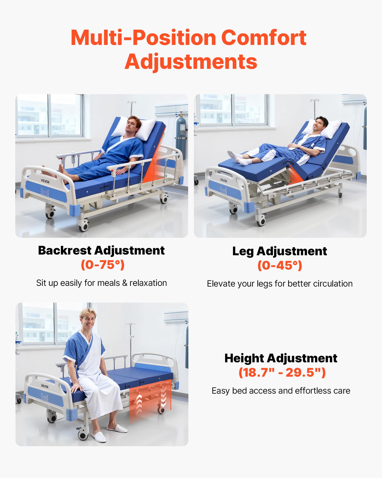 VEVOR Letto Ospedaliero Elettrico per Degenza Letto Ospedaliero Capacità di Carico 250 kg per l'Assistenza Domiciliare, Angolo Schienale Regolabile 0-75° Altezza Regolabile 475-750mm 3 Funzioni