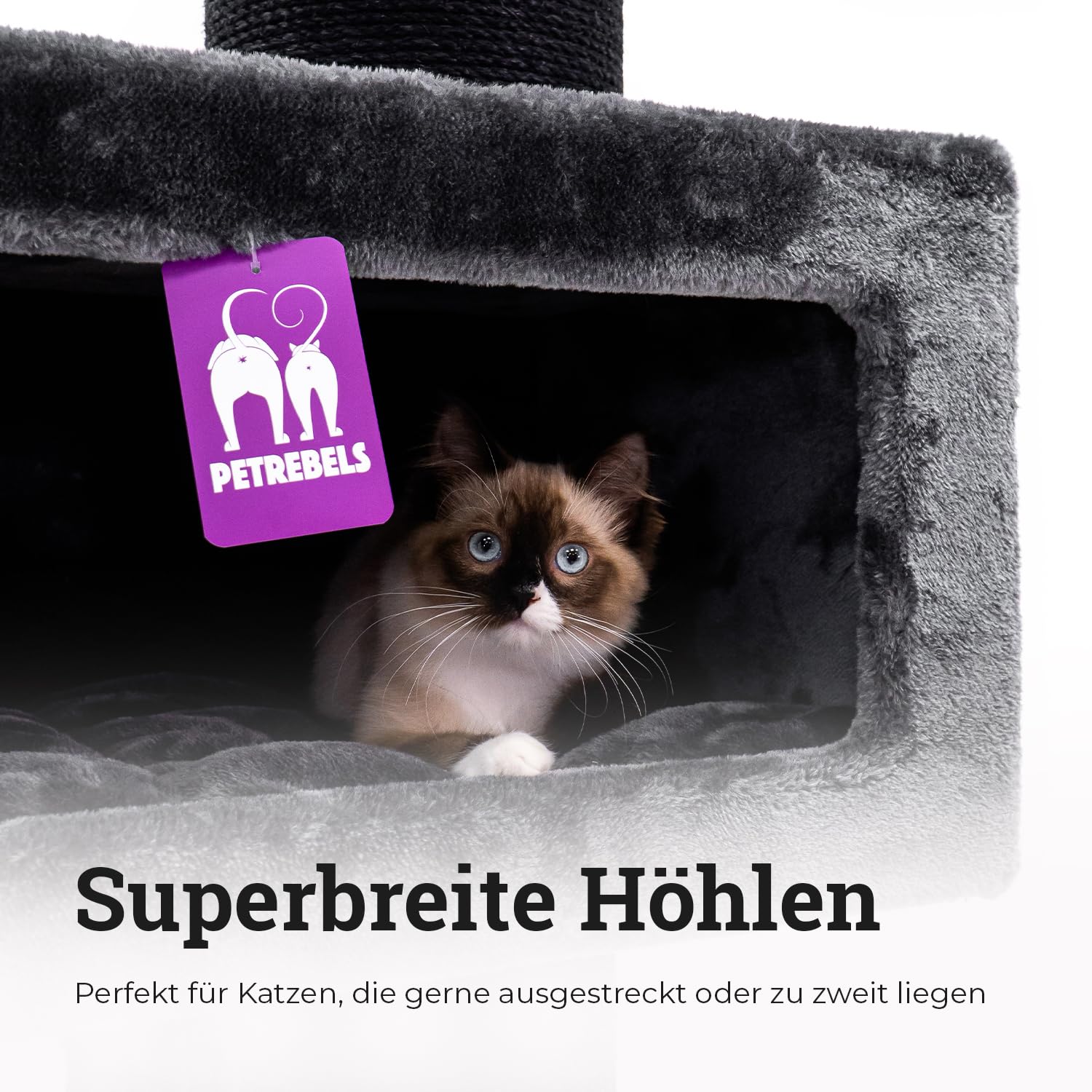 Petrebels Maine Coon Kratzbaum XXL 2 Meter hoch, Katzenbaum für große Katzen, extra stabil für mehrere Katzen, 2 Hängematten, 2 Katzenhöhlen, Siberian 200, Kletterbaum Dicke Stämme 20 cm, Schwarz