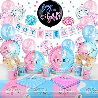 Gender Reveal Decorations, Gender Reveal Party Supplies with Gender Reveal Plates Napkins Cups Tableware Set, Gender Reveal Balloons Boy or Girl Gender Reveal Banner Tablecloth Reveal Confetti Balloon