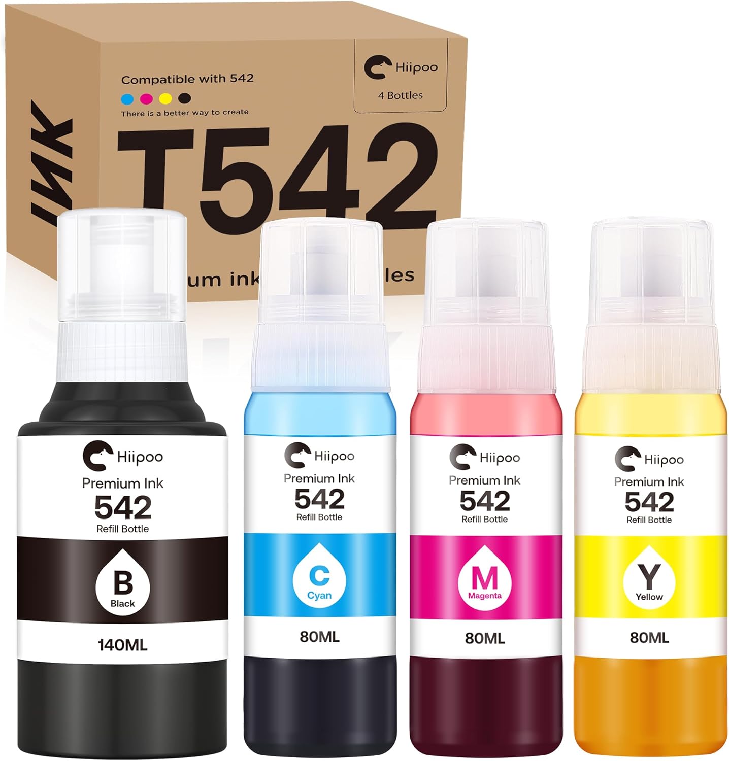 Hiipoo Ink Refill Bottles Replacement for 542INK Pigment Ink ET-5850 ET-5880 ET-5170 ET-16600 ET-16650 ST-C8000 Printers Replacement for 542Ink Refill Bottles for ET-5850 ET-5880 (4 Pack)