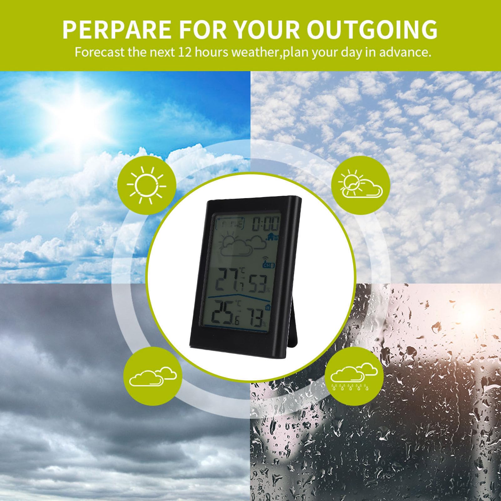 Asixxsix Termometro Meteorologico Digitale, Monitoraggio di umidità della Temperatura per Igrometro Esterno Interno Wireless con Previsioni da 12 a 24 Ore per il Patio Domestico