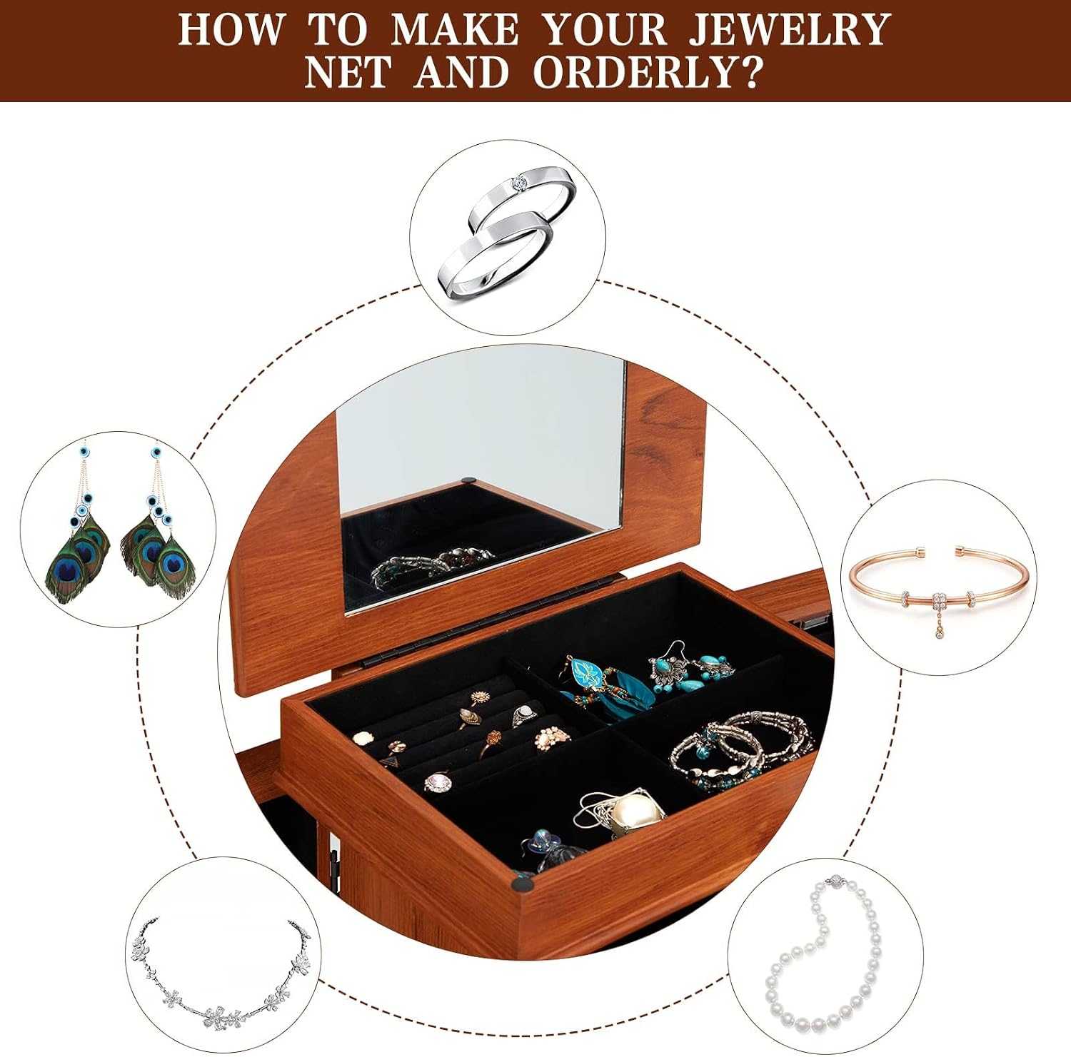 Standing Jewelry Cabinet, Wooden Jewelry Chest with 5 Drawers & 8 Necklace Hooks, Jewelry Armoire with Top Flip Mirror, Jewelry Box with 2 Side Doors, Cherry