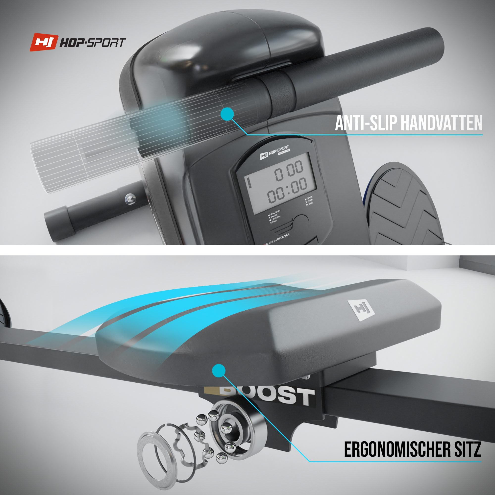 Hop-Sport Rudergerät Boost, Magnetbremssystem, LCD Display, 10 Widerstandsstufen, Klappbar, Cardiogeräte für Zuhause, Ideal für Ganzkörpertraining, 120 kg Max. Belastbarkeit