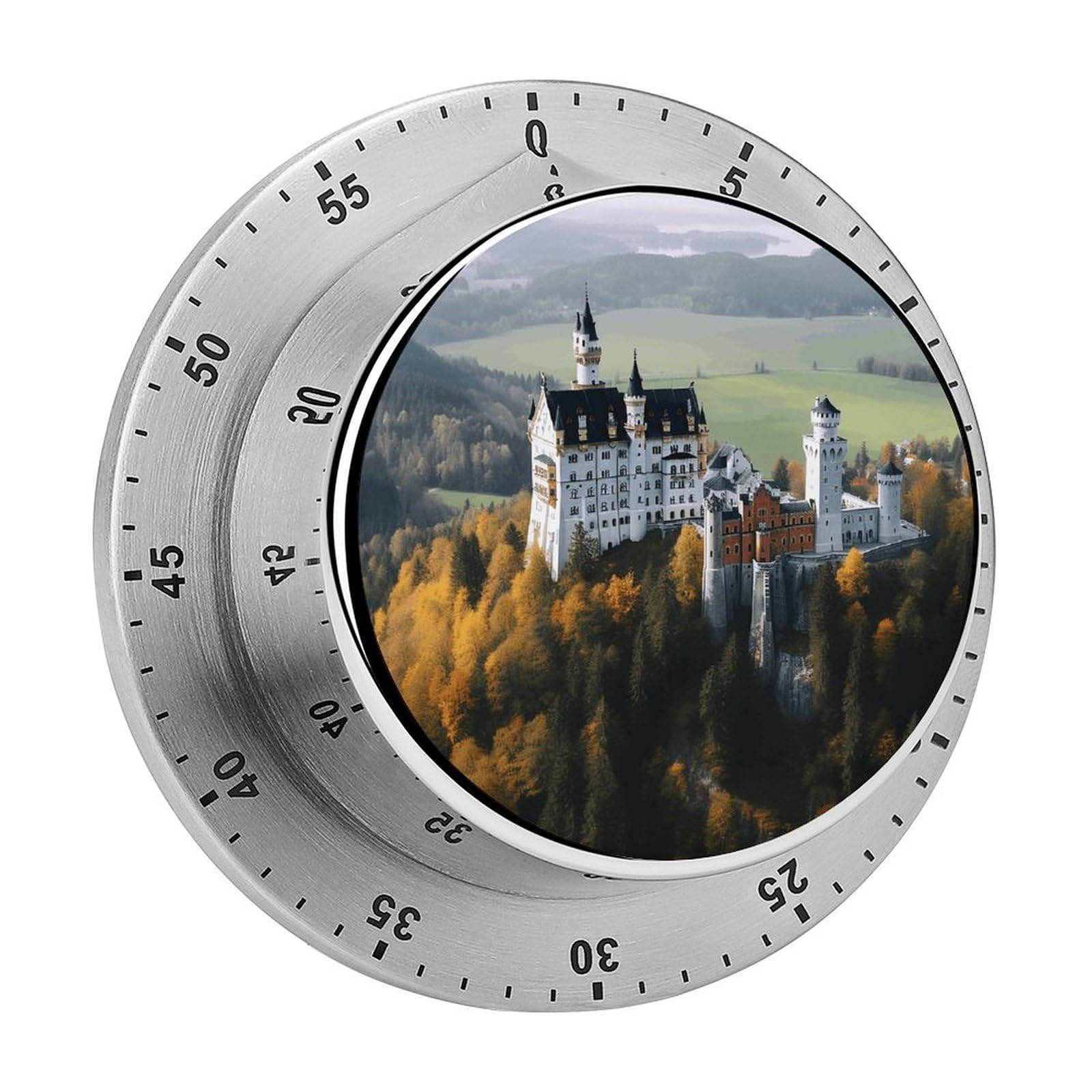 Germany Neuschwanstein Castle Kitchen Timer Chef Cooking Timers Clock with Loud Alarm Exquisite Stainless Steel Mechanical Desk Timers Magnetic Backing 60 Minute Visual Timer for Work