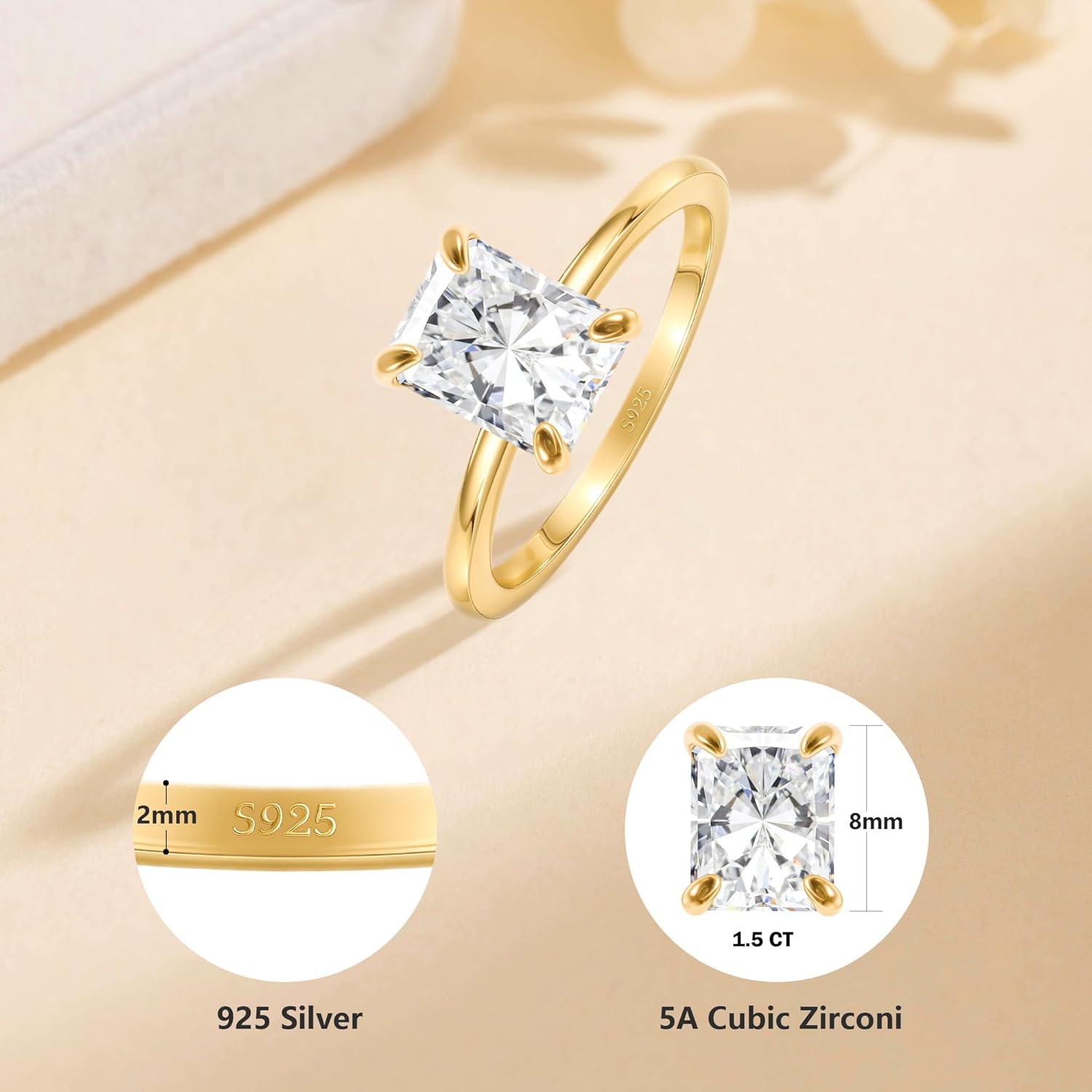Sterling Silver Engagement Ring, 1.5CT Radiant Cut CZ, Gold Plated, Size 5-9 Gift for Wife for her, Cubic Zirconia, Cubic Zirconia - Image 2