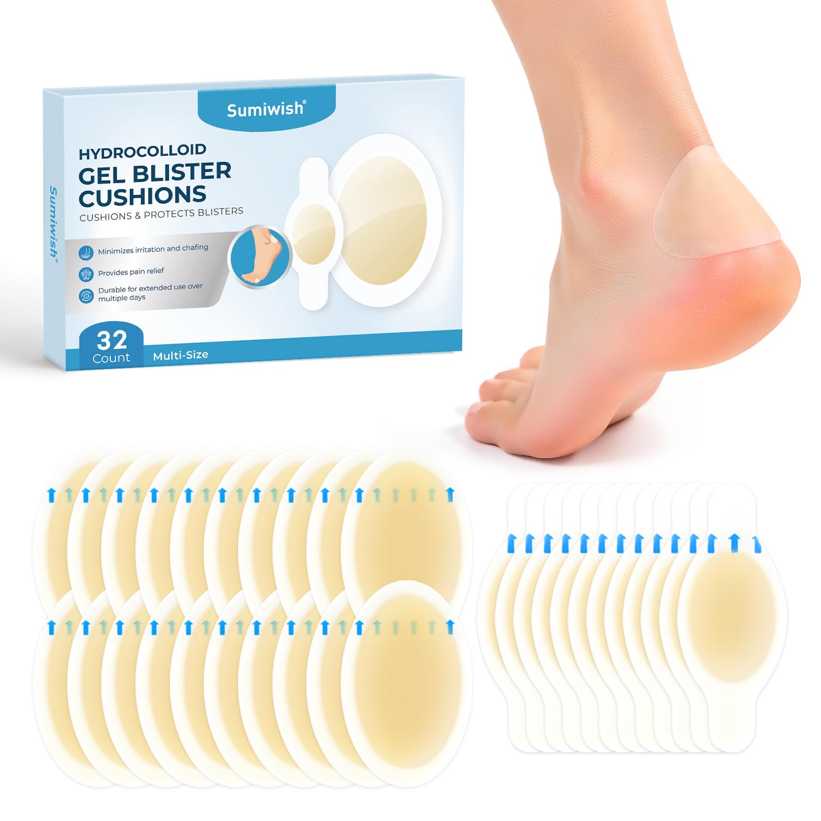 Sumiwish Hydrocolloid Blister Bandages for Feet - Extra Cushioning for Foot, Toe, & Heel Protection - Ideal for Blister Prevention & Recovery - Water