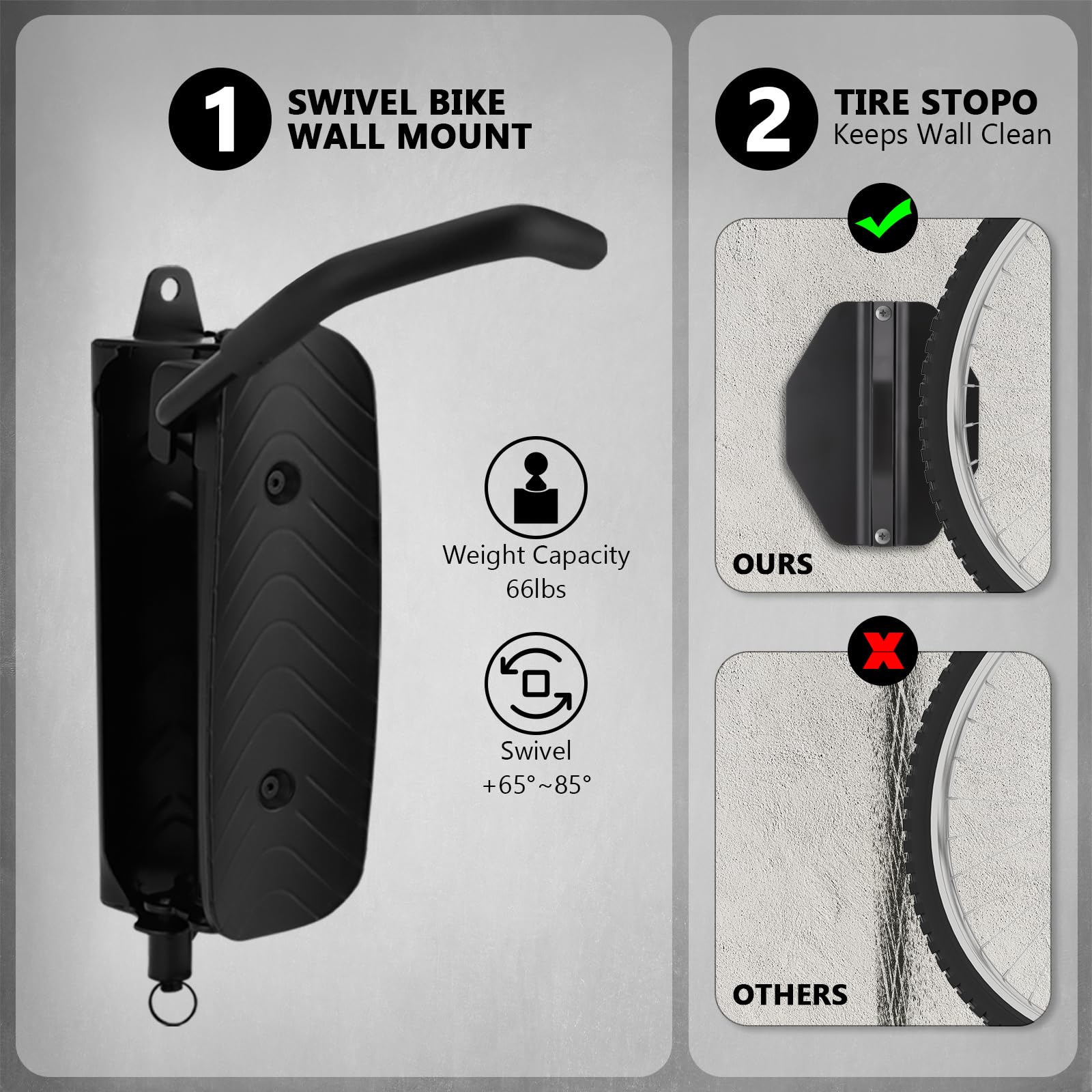 Lot De 4 Supports Muraux Pivotants Pour Vélo - Porte Jusqu'à 66 Lbs (30kg) - Noir - Pour Garage/Appartement - Neuf