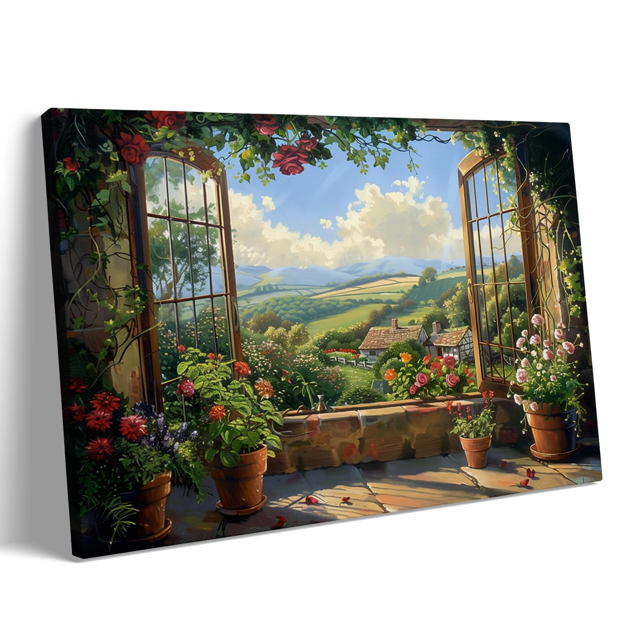 Cottage Window View Canvas Wall Art, Country Landscape Painting, Framed Floral Garden Print, Rustic Countryside Wall Decor for Living Room or Bedroom 40x50cm Frame