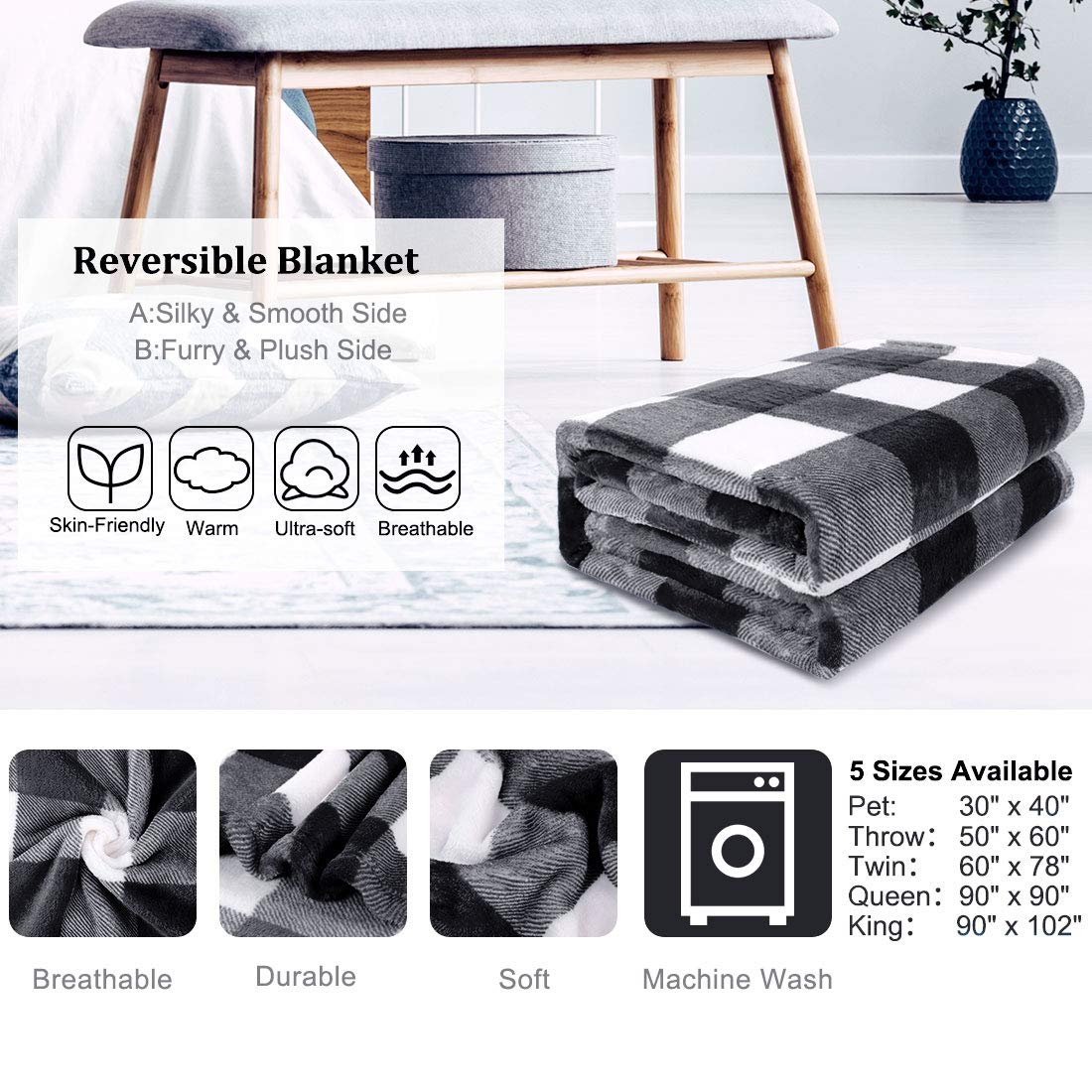 PICCOCASA Couverture Plaid Lit pour Canapé en Molleton Flanelle Peluche Carreaux Buffalo Chaude Noir et Blanc 130 x 150 cm