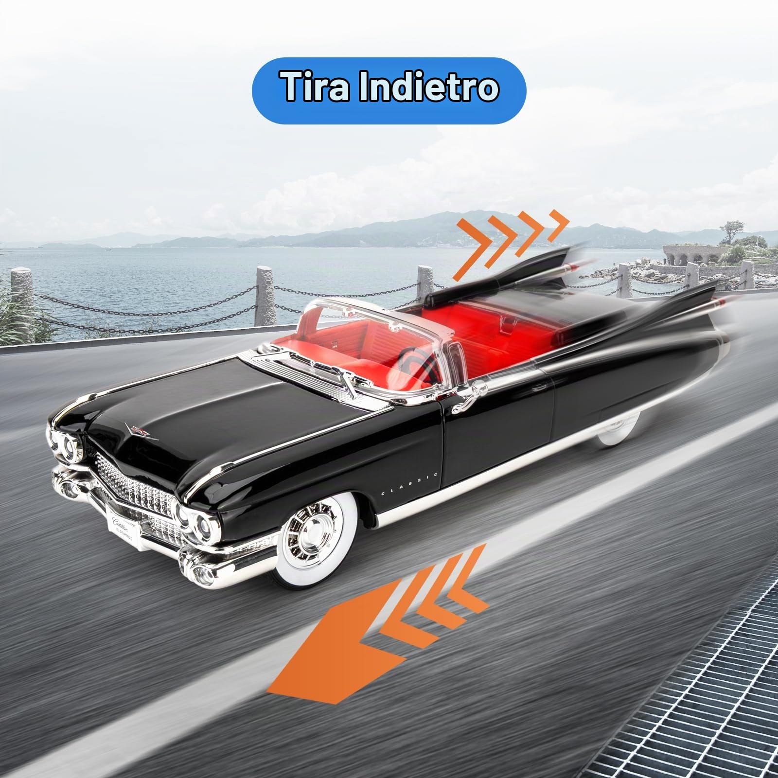 TGRCM-CZ Modellino di auto Cadillac Eldorado Biarritz serie 1/24, in lega di zinco, con meccanismo a frizione, con suono e luce, per collezionisti e bambini di 3 anni, regalo di compleanno (nero)
