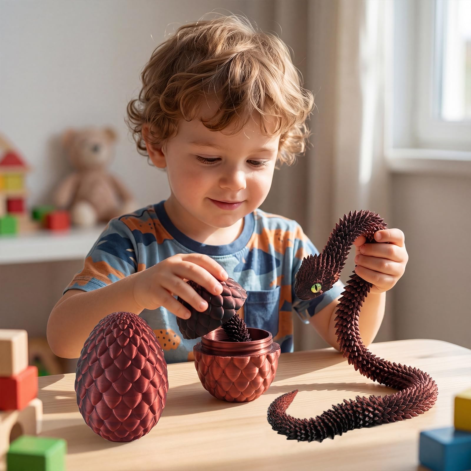 Joycabin Wąż z nadrukiem 3D, 45 cm, z jajkiem, zabawka z nadrukiem D, na Wielkanoc, nadruk 3D, jajko smocze, wężyk, dla dzieci, na prezent, na biurko, do mieszkania (czarno-czerwony)