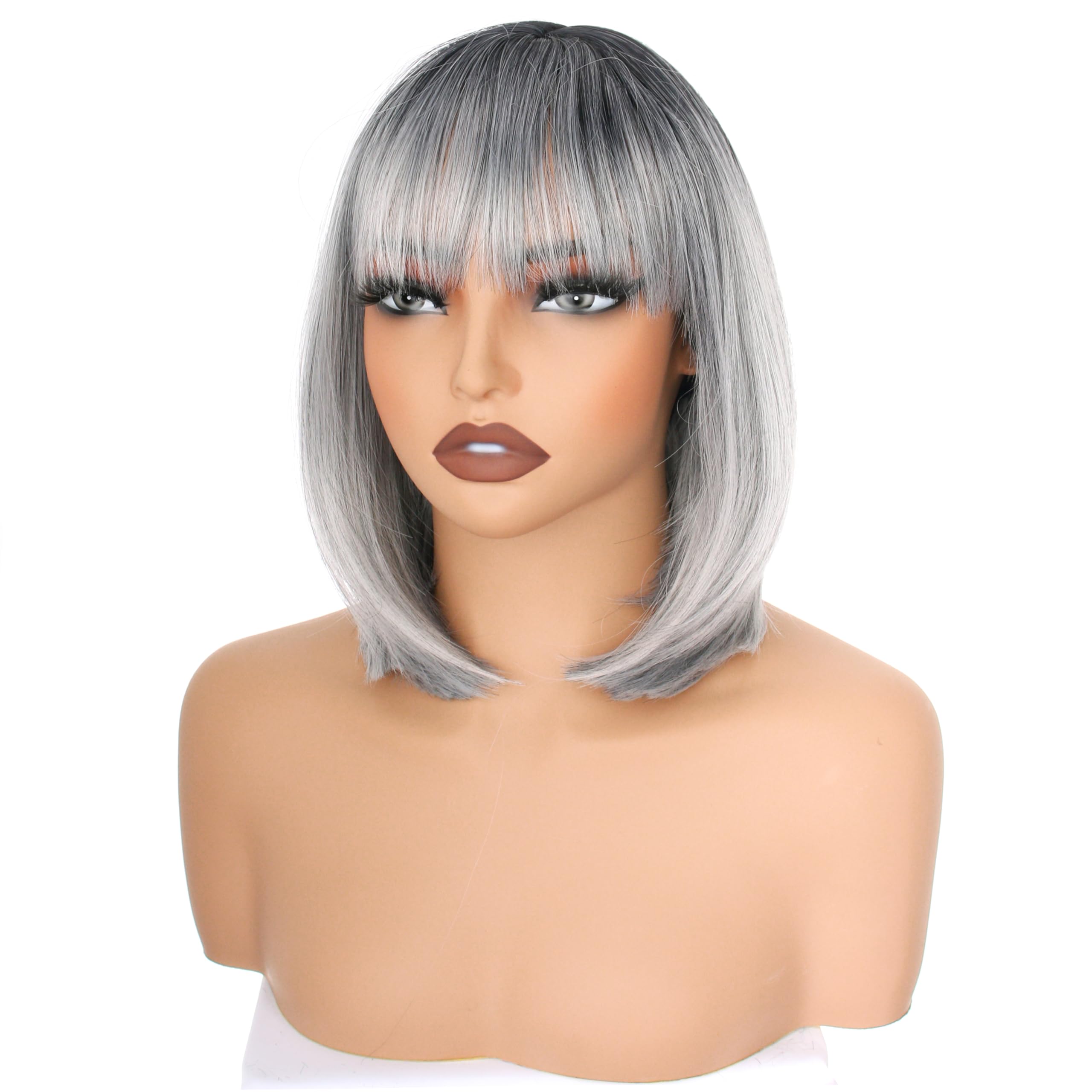 YEESHEDO Women's Short Bob Wigs Straight with Flat Bangs Colorful Hair for Cosplay Party Halloween Costume Replacement Wig for Girls 12" (Gray wiht Dark root) - Image 4