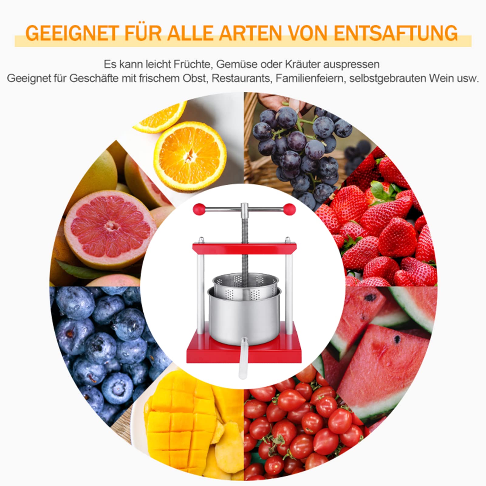 ACXIN 3L Obstpresse Edelstahl Weinpresse Saftpresse Manuell Fruchtpresse Apfelpresse Beerenpresse für Obstladen, Restaurants, Familienfeste, Selbstbrauen