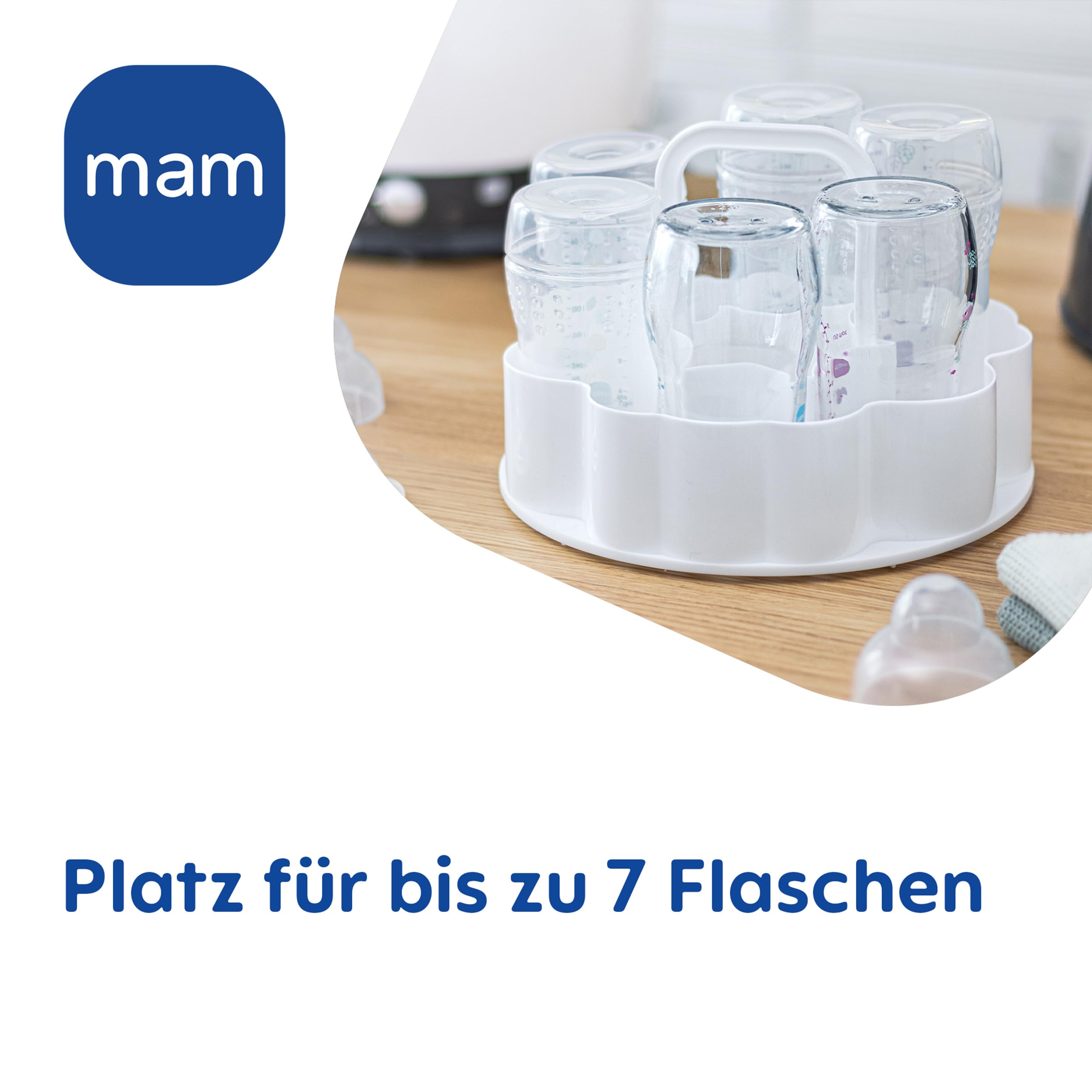 MAM Sterilisator, elektrischer Dampfsterilisator für Babyflaschen, Sauger & Zubehör, zuverlässiger Vaporisator inkl. Oberkorb und Zange, grau