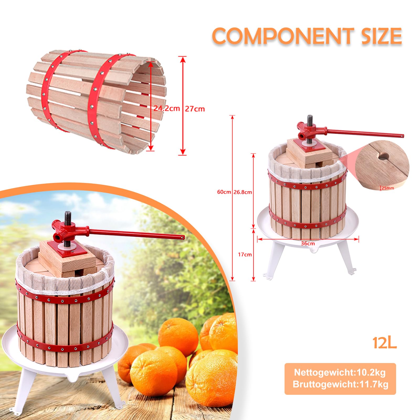 Aufun 12L Obstpresse Fruchtpresse aus Buchenholz inkl. Presstuch, manuelle Weinpresse Saftpresse Maischepresse Obstmühle (Obstpresse, 12L)