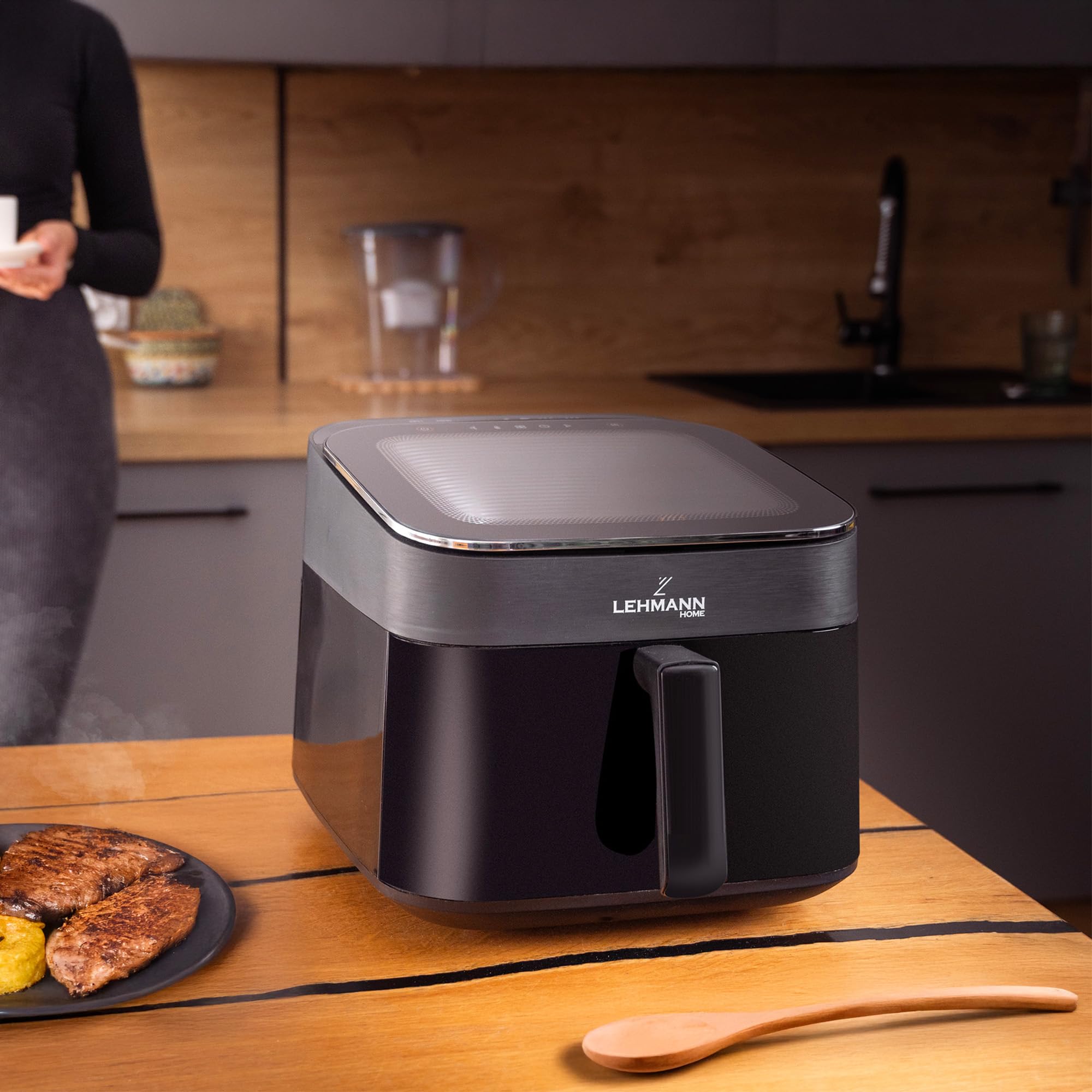 LEHMANN Friggitrice ad Aria XL 6,5L, Air Fryer con Finestra Panoramica Superiore e Illuminazione Interna, Display Touch, 12 Programmi, Promemoria di Agitazione, Griglie Lavabili in Lavastoviglie