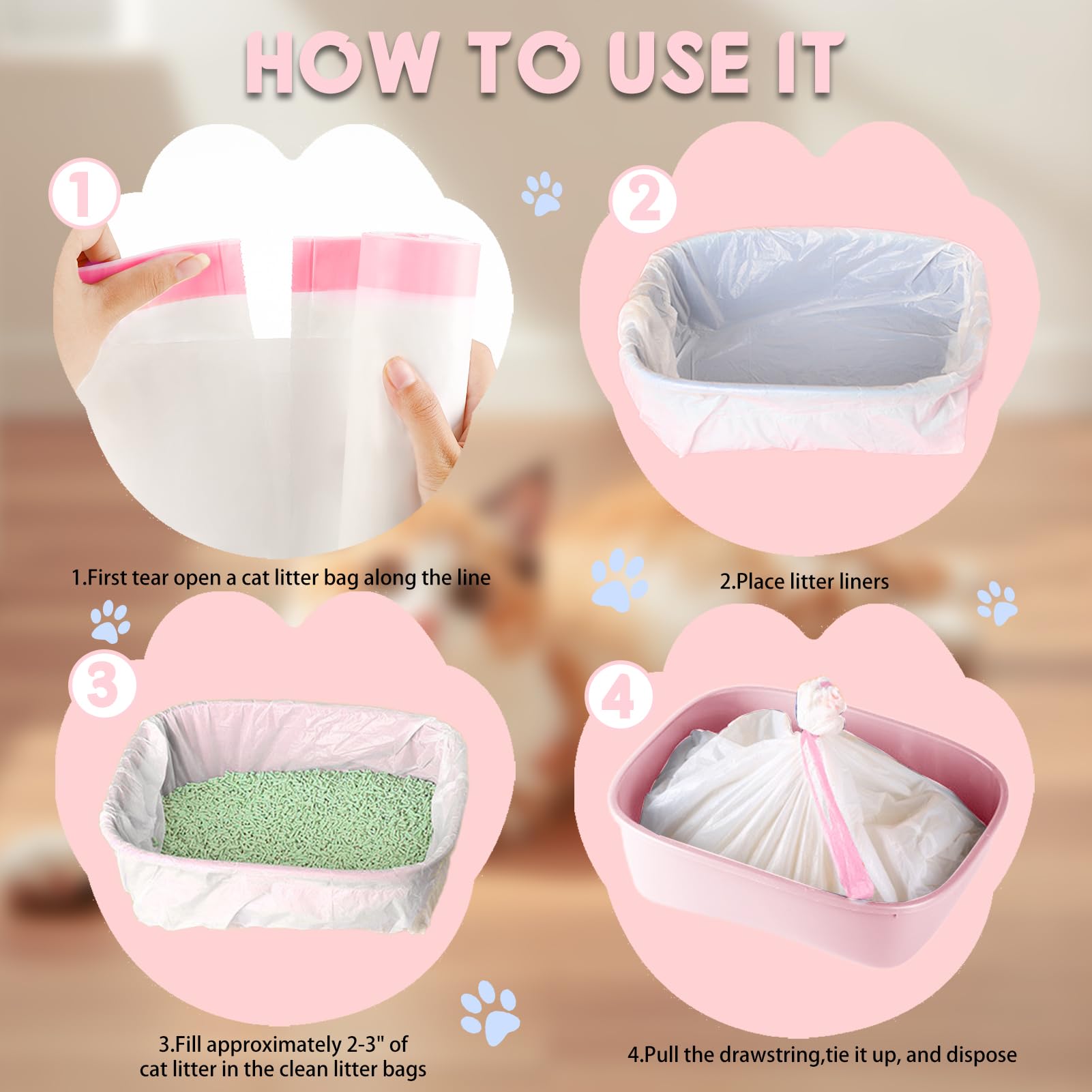 3 Rotolo Sacchetti Lettiera Gatto, 30 Pz Sacchetti per Lettiera per Gatti con Coulisse, Sacchetti per Lettiera Gatto Antistrappo, Sacchetti per Escrementi per Gatti Durevoli e Impermeabili (Rosa)