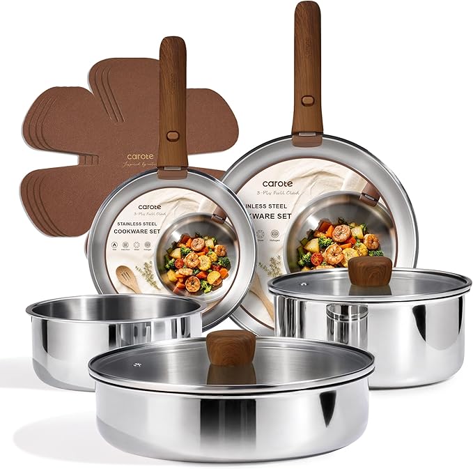 CAROTE 13 PCS Tri-Ply Stainless Steel Cookware Set with Detachable