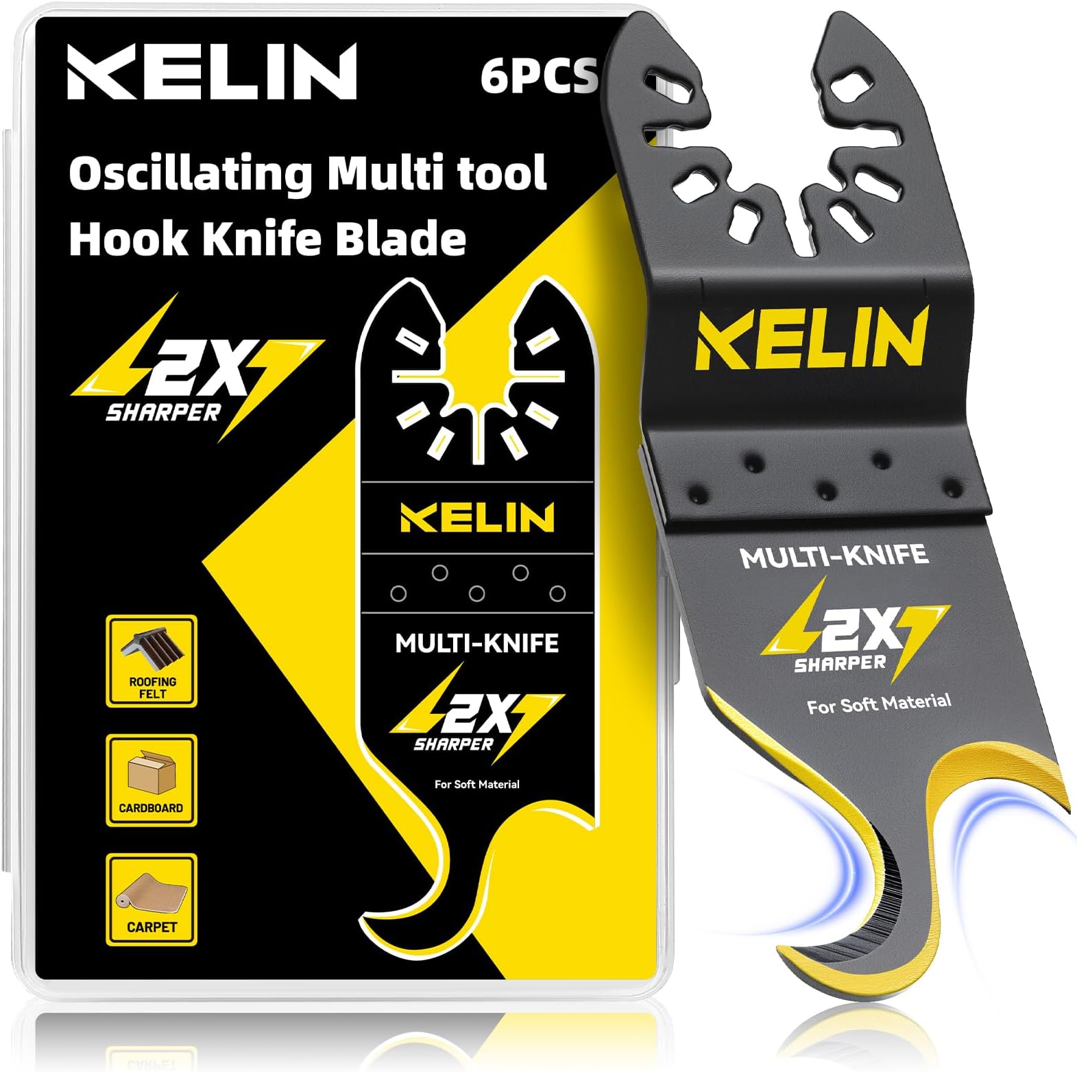 6PCS Oscillating Multi Tool Hook Knife Blades, Multitool Saw Blades for Soft Materials Like Roofing Shingles, Carpet, Cardboard & PVC Flooring, Universal Interface