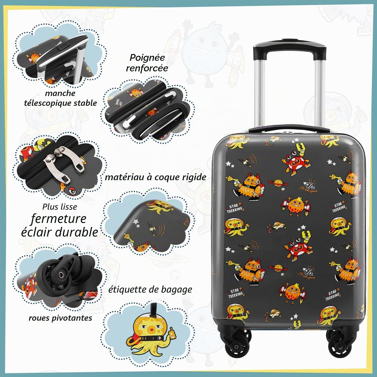 COOLIFE - Ensemble de bagages pour enfants, 5 pièces, 40,6 cm, bagage à main, housse rigide, spinner, bagages pour enfants, bagages de voyage, pour filles et garçons, Monstre, Set di valigie da 5
