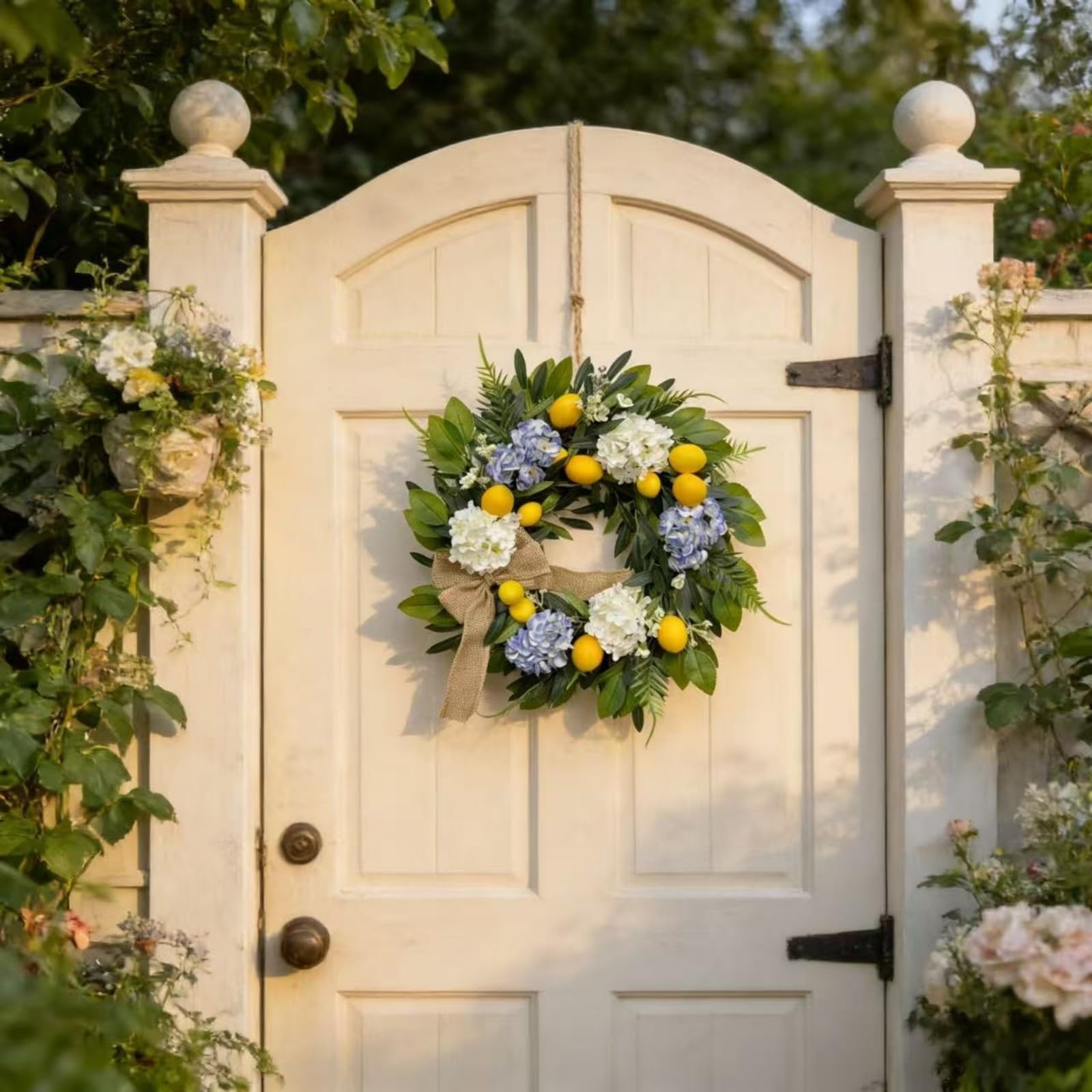 Künstlicher Sommer Deko Kranz, 45/55cm Grüner Frühlings-Sommer-Kranz, Künstlicher Zitronen Türkranz mit Blau-weißen Hortensien & Karo-Schleife, für Haustür und Wand (55 cm)
