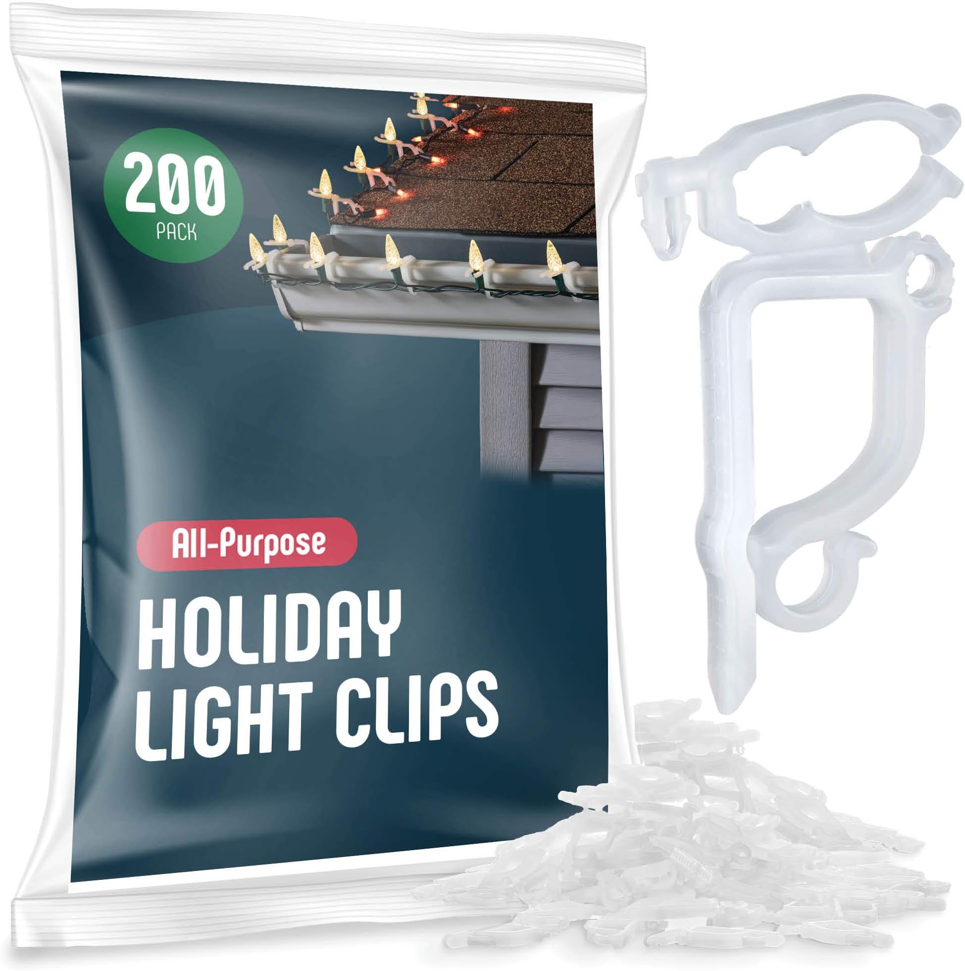 SEWANTA All-Purpose Holiday Light Clips [Set of 200] Christmas Light Clips, Outdoor Light Clips - Mount to shingles & gutters - Works with C7, C9, Mini, Rope, Icicle Lights No tools required USA Made