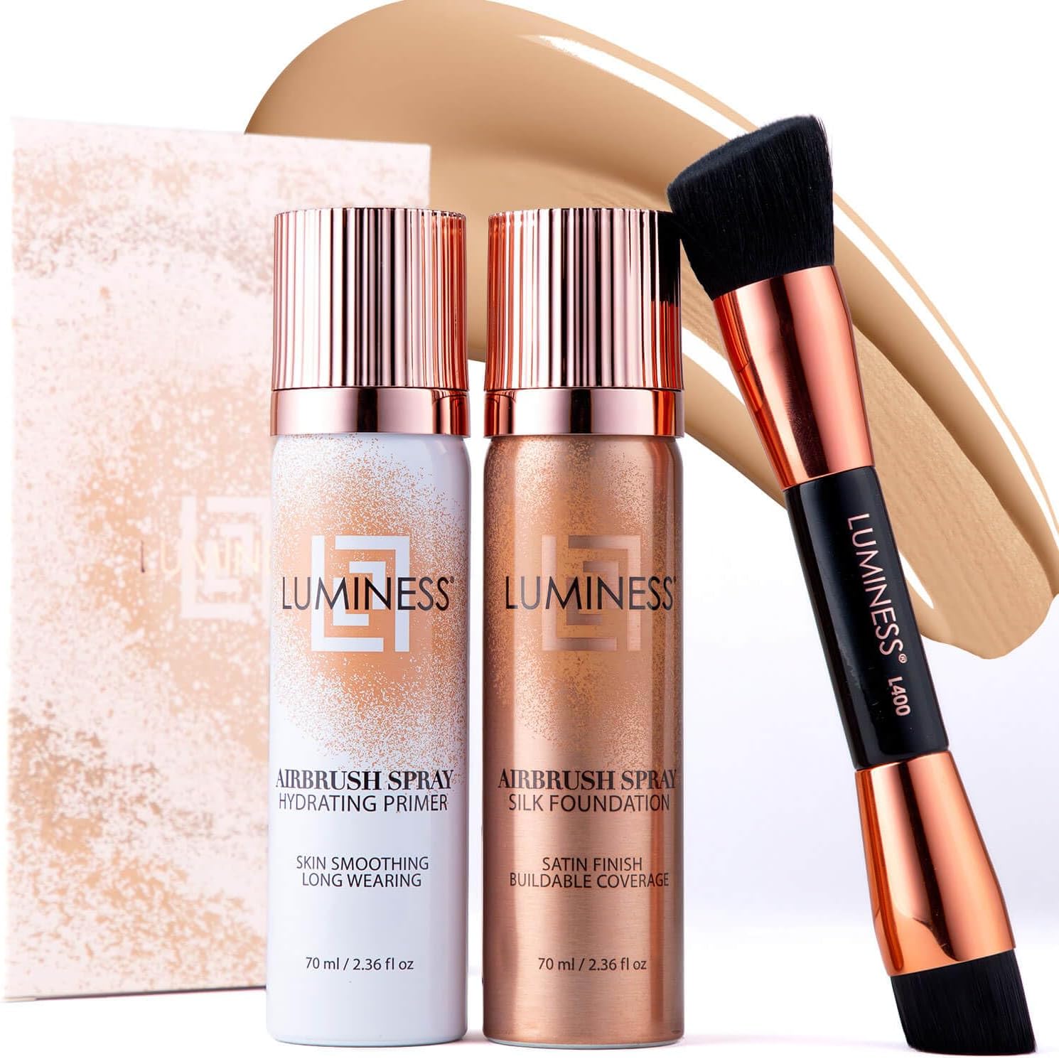 LUMINESS Silk Airbrush Spray Foundation Makeup Starter Kit- Full Coverage Foundation, Primer & Dual-Sided Buffing Brush-Buildable Coverage, Anti-Aging Formula Hydrate & Moisturize (Shade-Light Medium)