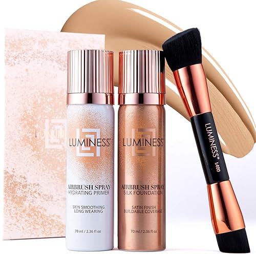 LUMINESS Silk Airbrush Foundation - Kit de maquillaje de cobertura completa, antienvejecimiento, base hidratante con imprimación y cepillo de pulido