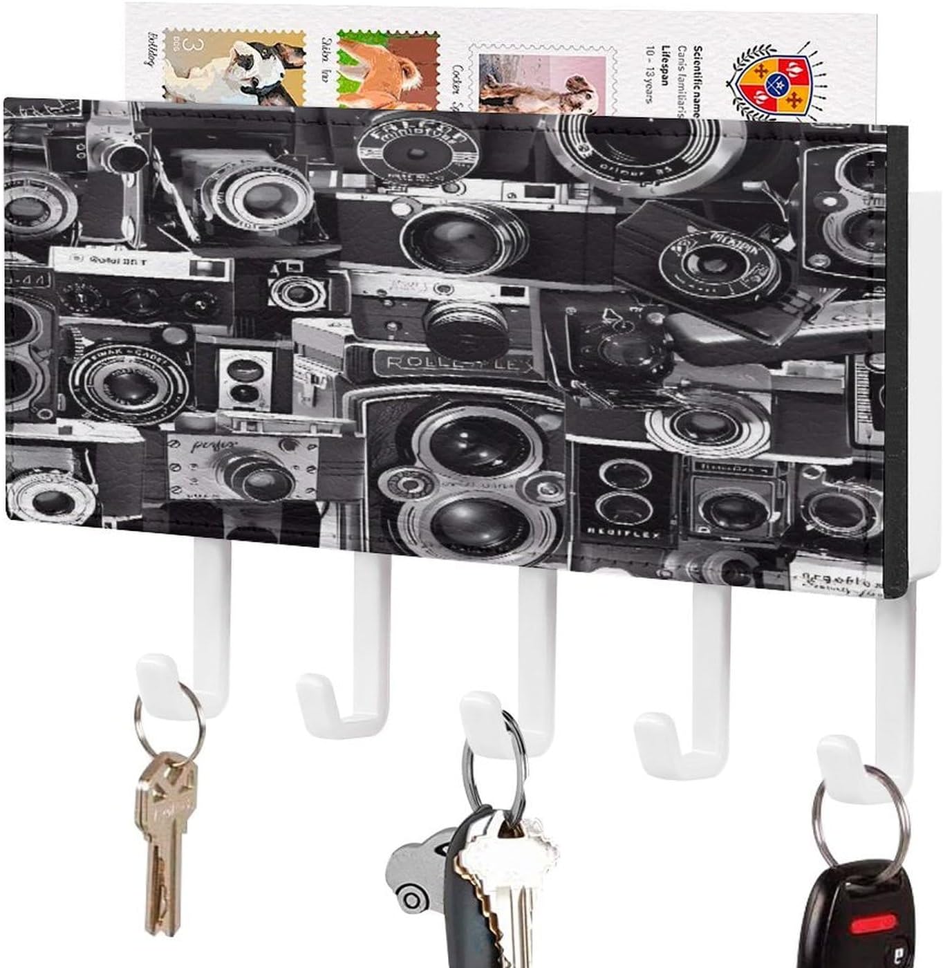 Key Holder Wall Mount Key Hanger with 5 Hooks, Decorative Key Rack | Retro Cool Camera Collection Hanging Key Hooks with Mail Organizer for Wall Living Room Kitchen Bathroom Hallway