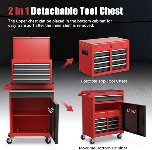 Miniatura 3 de DORTALA Armario de herramientas rodante, organizador de caja de herramientas con 5 cajones deslizantes, sistema de bloqueo, caja de herramientas con