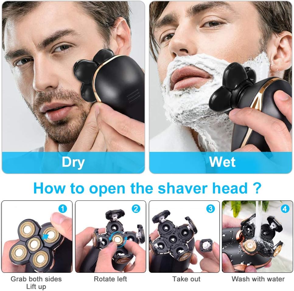 Electric Shavers for Men, Apark 5 in 1 Head Shavers for Bald LED Electric Shaving Razors Rechargeable Cordless Wet Dry Rotary Shaver Grooming Kit with Clippers Nose Hair Trimmer (Gold Head)