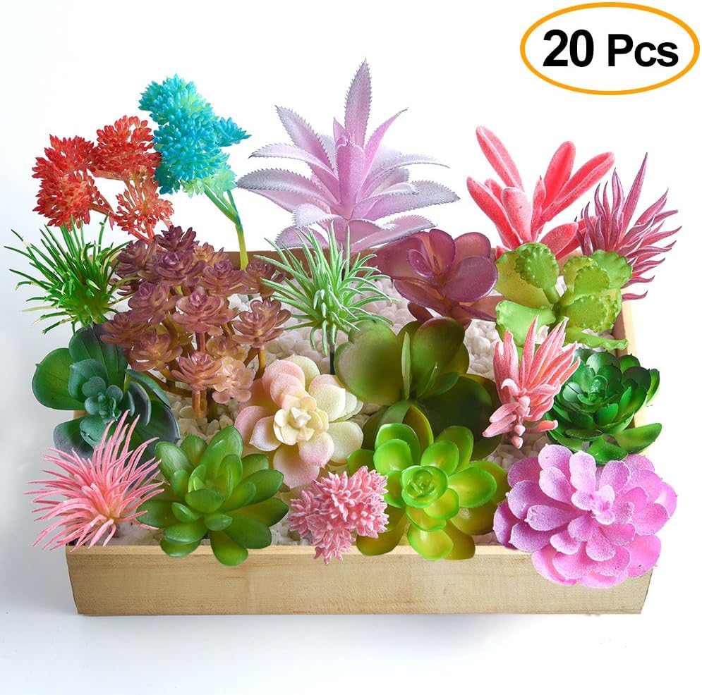 FEPITO Random 20 Pcs Artificial Succulents Unpotted Echeveria Picks Succulent Plants Mixed Bulk Assorted Faux Succulent Large Green Stems for Home Indoor Garden Decoration