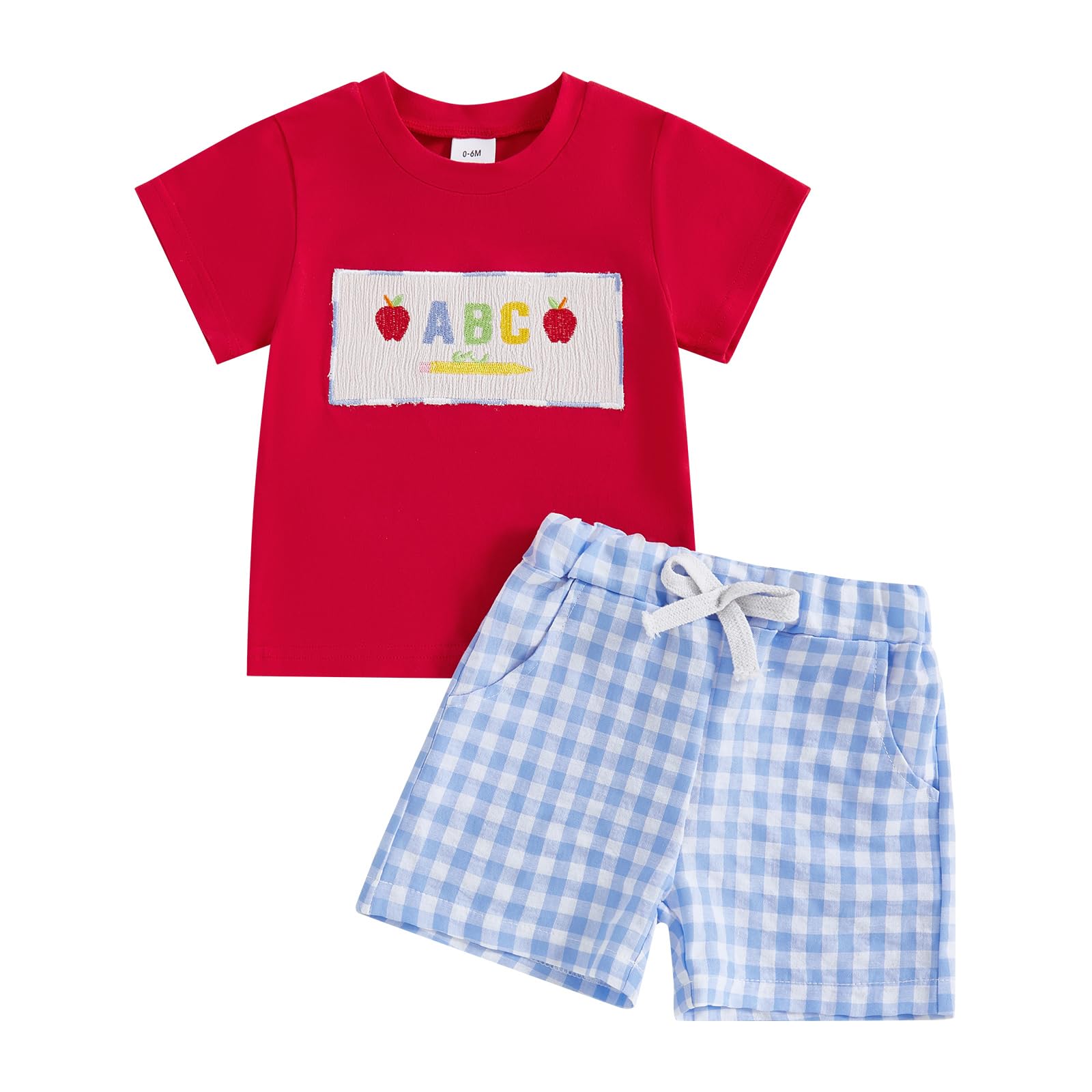 KMBANGI Toddler Baby Boy First Day of School Outfits ABC Apple Shirts Plaid Shorts 2Pcs Smocked School Clothes Summer (Red, 2-3T)