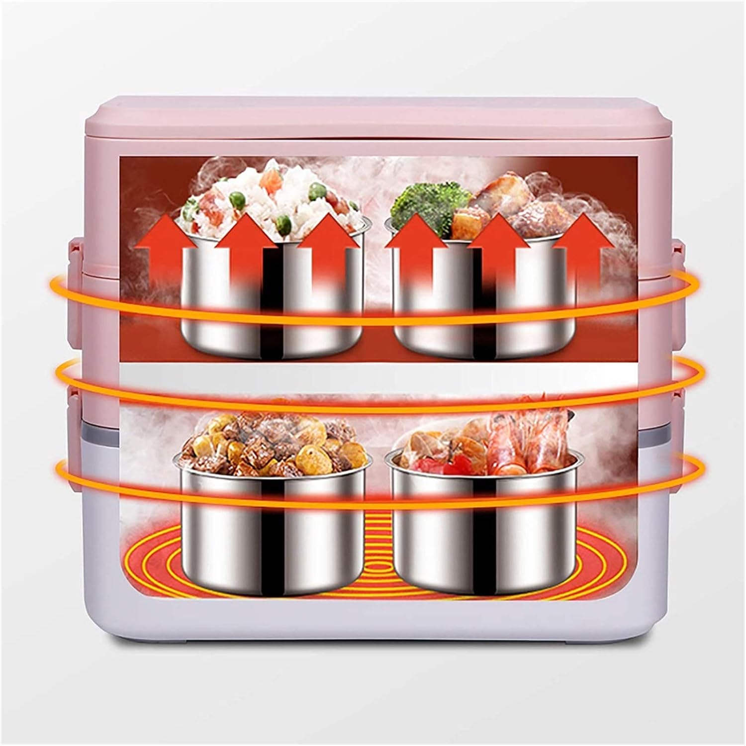Electric Lunch Box Mini Rice Cooker 2 Layers Steamer Lunch Box for Home Office School Travel Cook Raw Food 2L