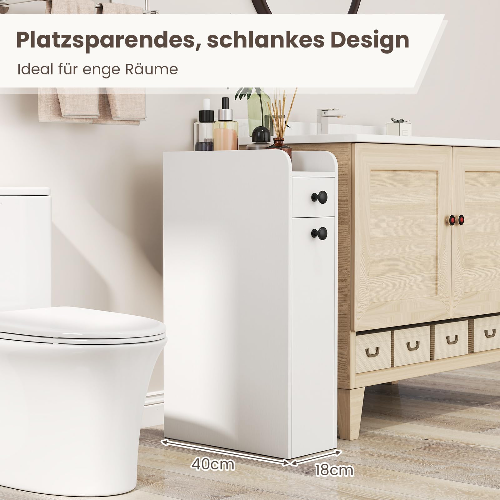 COSTWAY Nischenschrank mit Rollen, Badezimmerschrank mit offener Ablage & 2 Schubladen, Rollwagen, Nischenwagen schmal für Badezimmer, Küche & Wäscherei, 18 x 40 x 70 cm (Weiß)