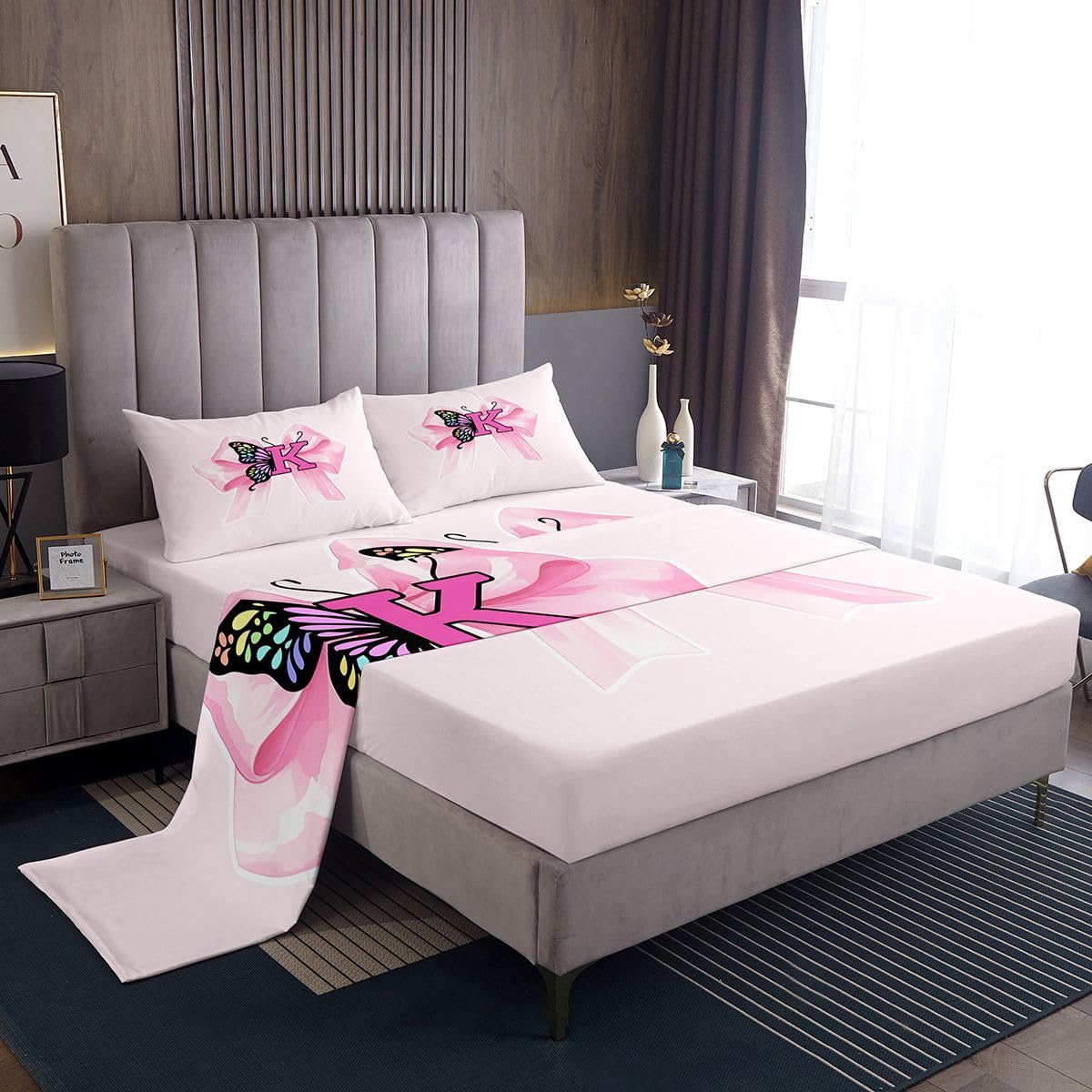Erosebridal Pink Bowtie Bed Sheets Set King Letter K Sheet Set Cute Butterflies Wing Princess Bowknot Sheets Kawaii Fashion Ribbon Bow Flat Fitted Sheet