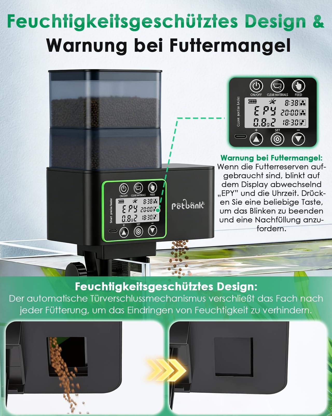 Futterautomat Aquarium, 230/510ML Automatischer Fischfutterautomat für Aquarium mit Timer, Wiederaufladbare Fische Fischfutterspender mit USB-Kabel LCD-Anzeige, Fisch Futterautomat