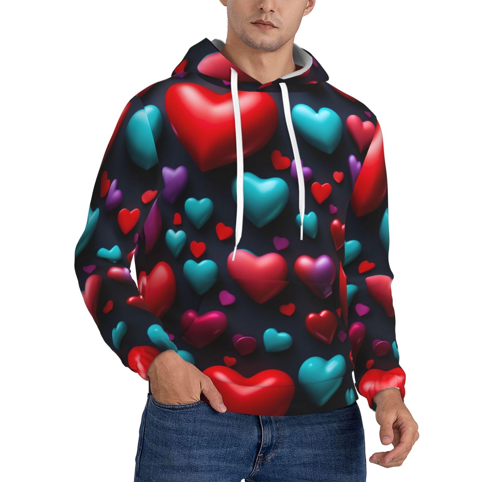 Sweat à capuche hommes cordon serrage pull manches longues imprimé cœur rouge décontracté - 8