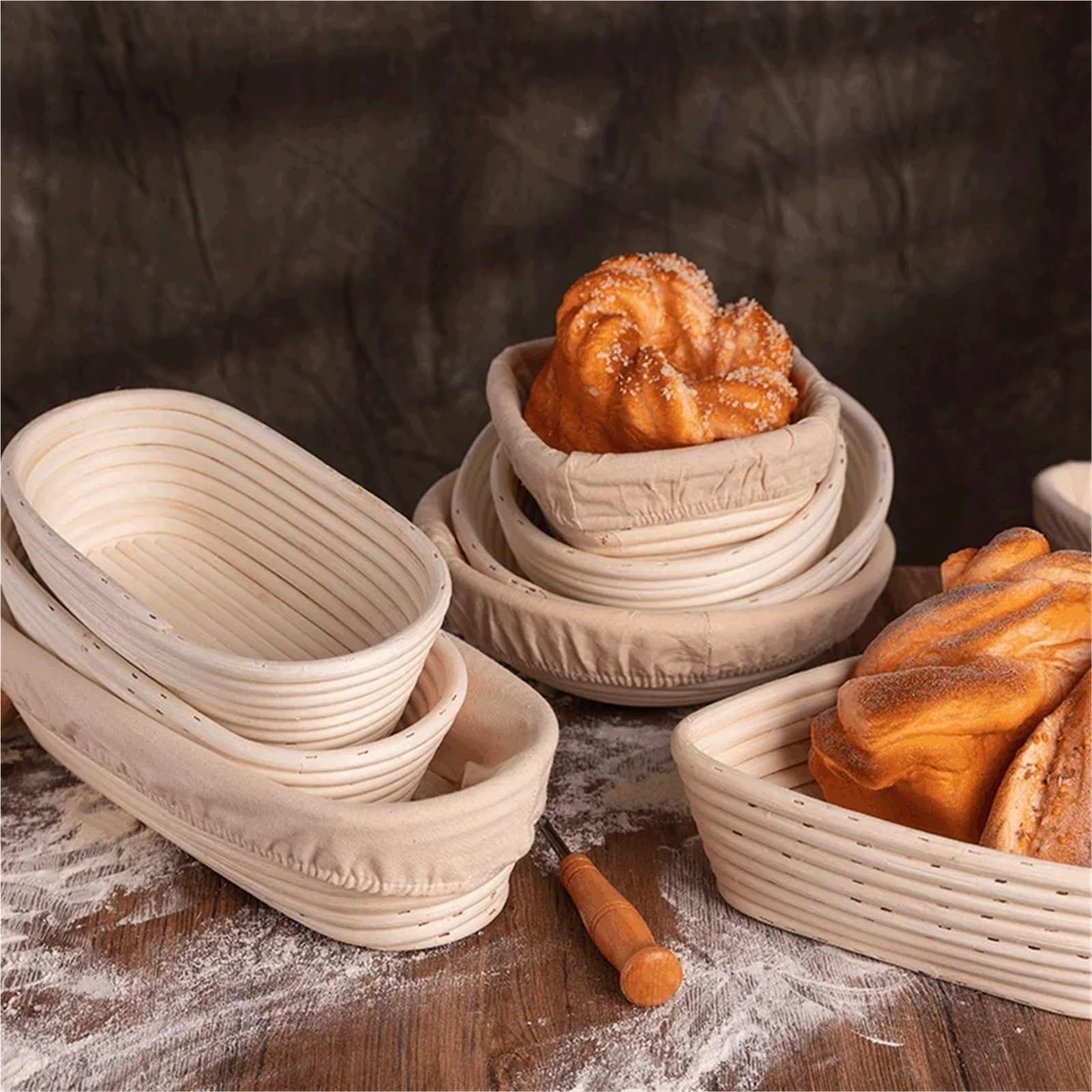 Cesta de fermentación pan ovalada/redonda, suministros lavables for hornear, cuenco for, forro tela ratán tejido Natural, accesorios cocina Para Masa(Round23x8.5cm)