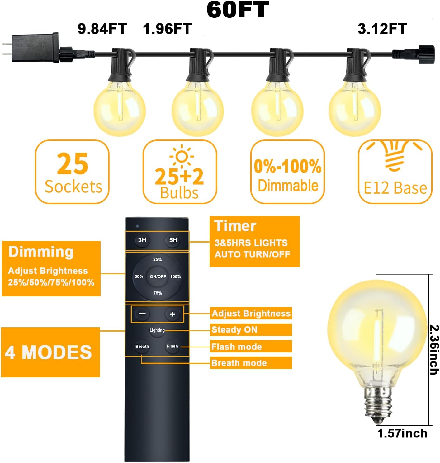 60FT LED String Lights with Remote, G40 Dimmable Globe for Patio, 27 Edison Shatterproof Bulbs, Waterproof Backyard Lights